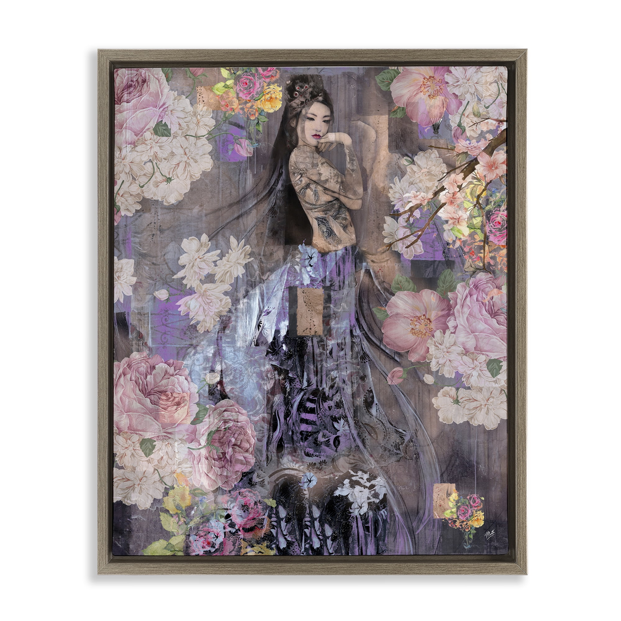 Stupell Industries Expressive Flowers & Woman People Painting Brown Floater Framed Canvas Art Print Wall Art, 17 x 21