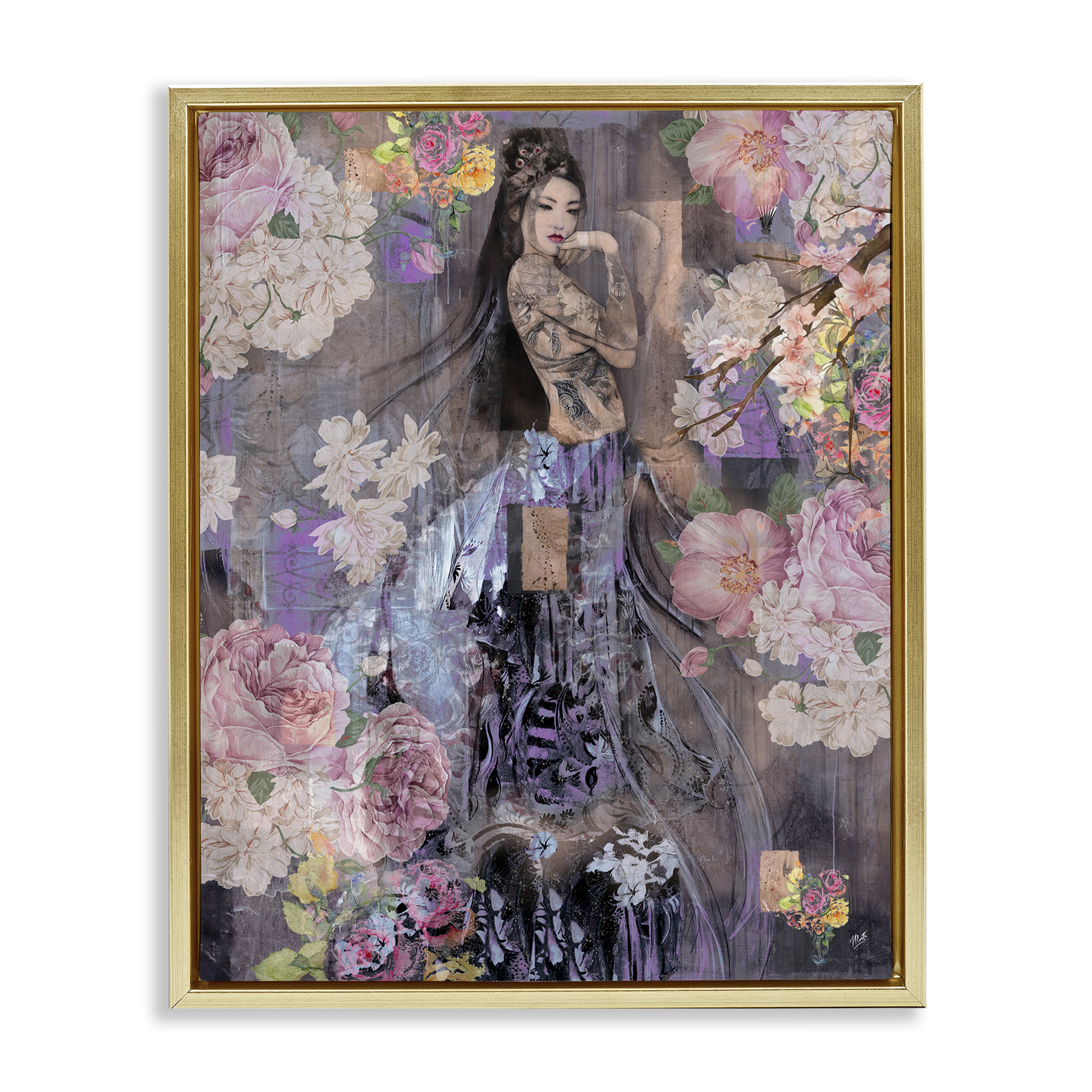 Stupell Industries Expressive Flowers & Woman People Painting Gold Floater Framed Canvas Art Print Wall Art, 25 x 31