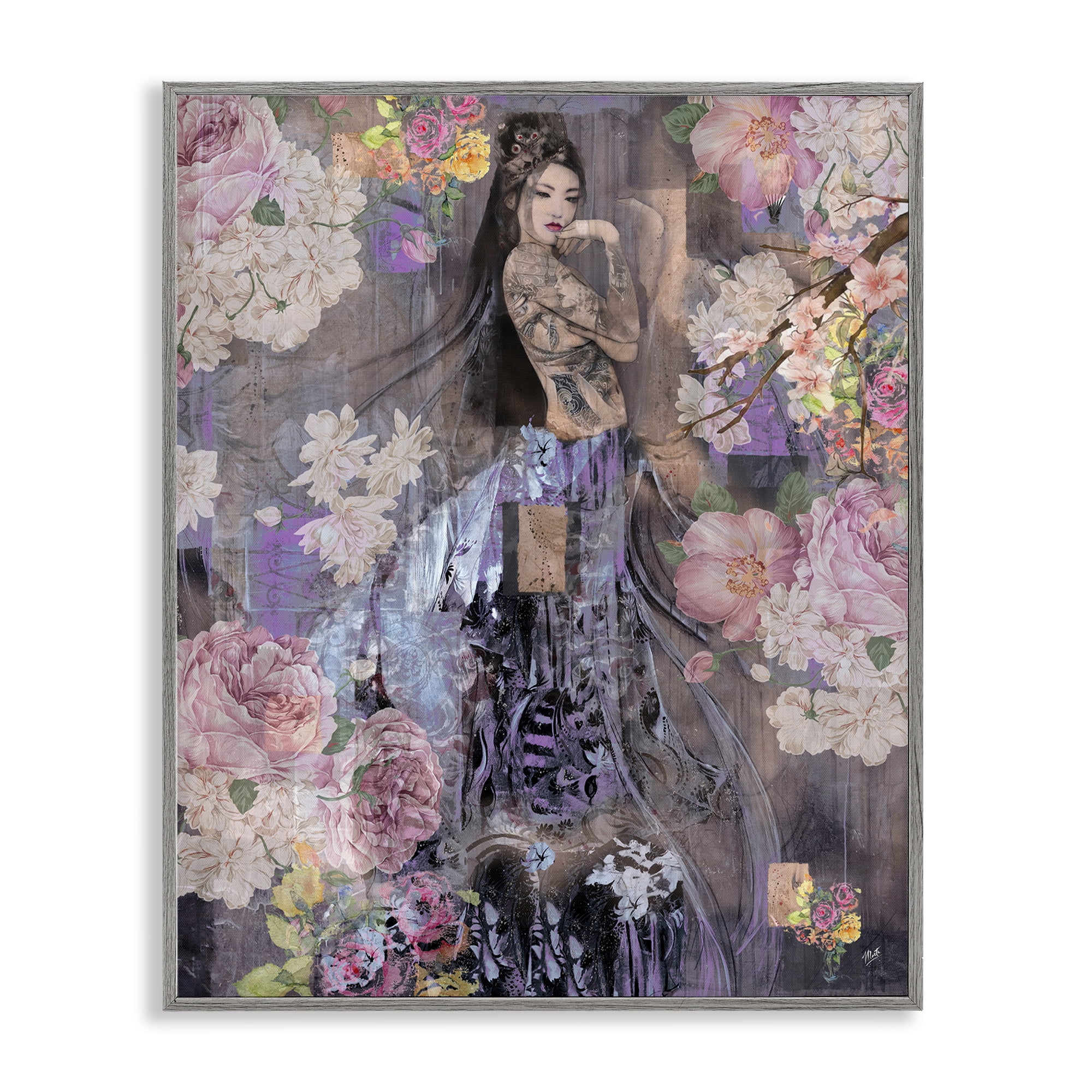 Stupell Industries Expressive Flowers & Woman People Painting Gray Framed Art Print Wall Art, 24 x 30
