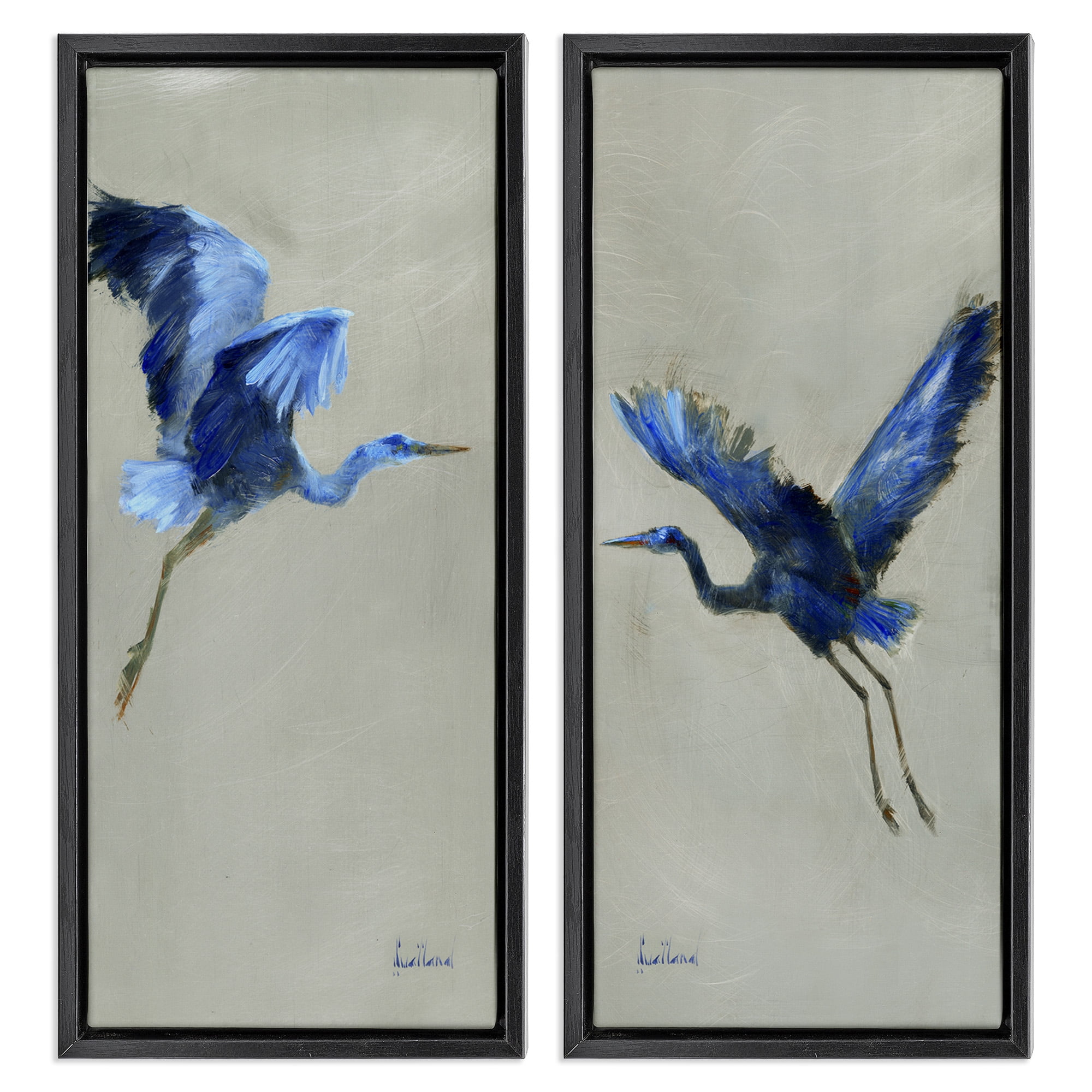 Stupell Industries Expressive Flying Cranes Abstract Birds Animals & Insects Painting Black Floater Framed Canvas Art Print Wall Art, 11 x 25, Set of 2