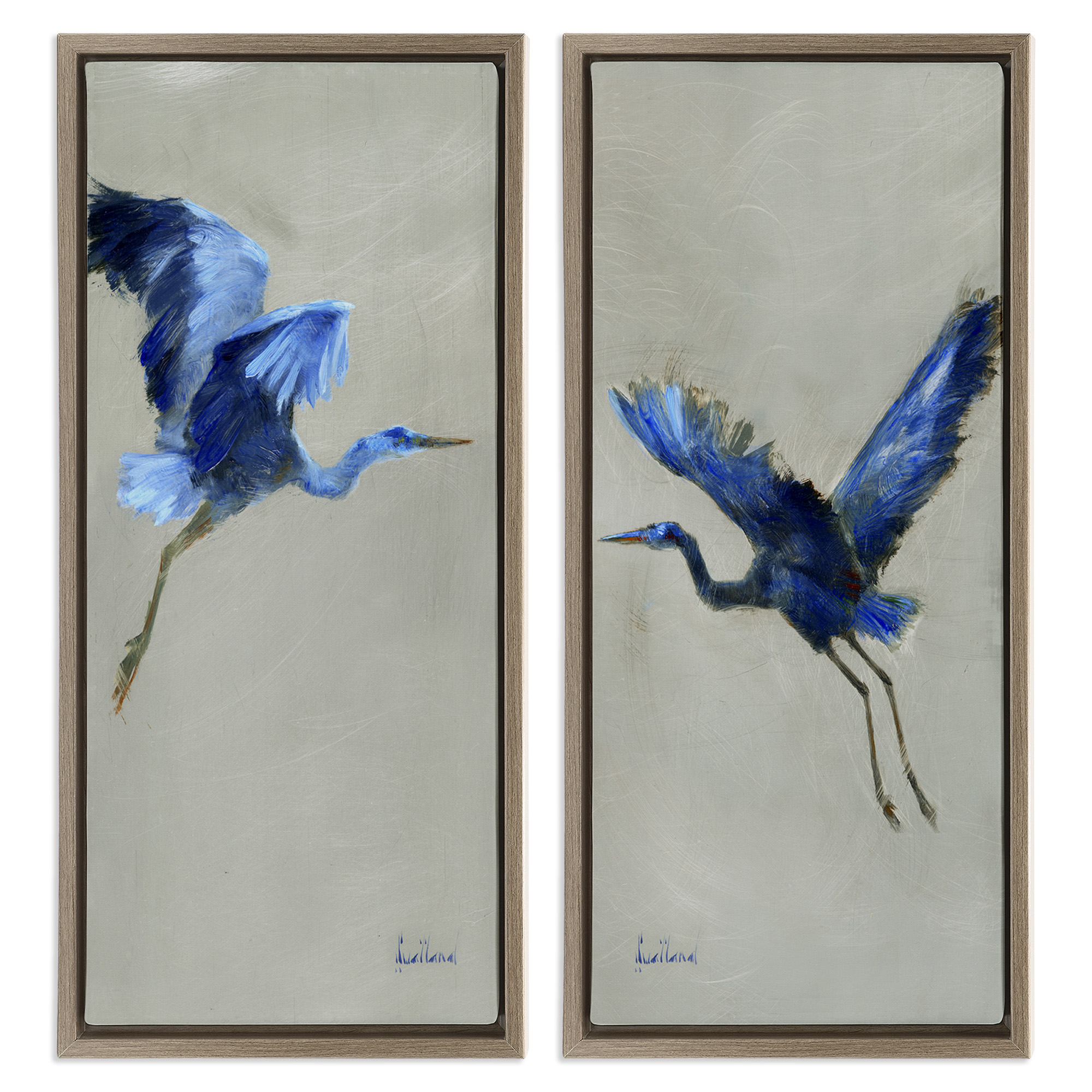 Stupell Industries Expressive Flying Cranes Abstract Birds Animals & Insects Painting Brown Floater Framed Canvas Art Print Wall Art, 15 x 31, Set of 2
