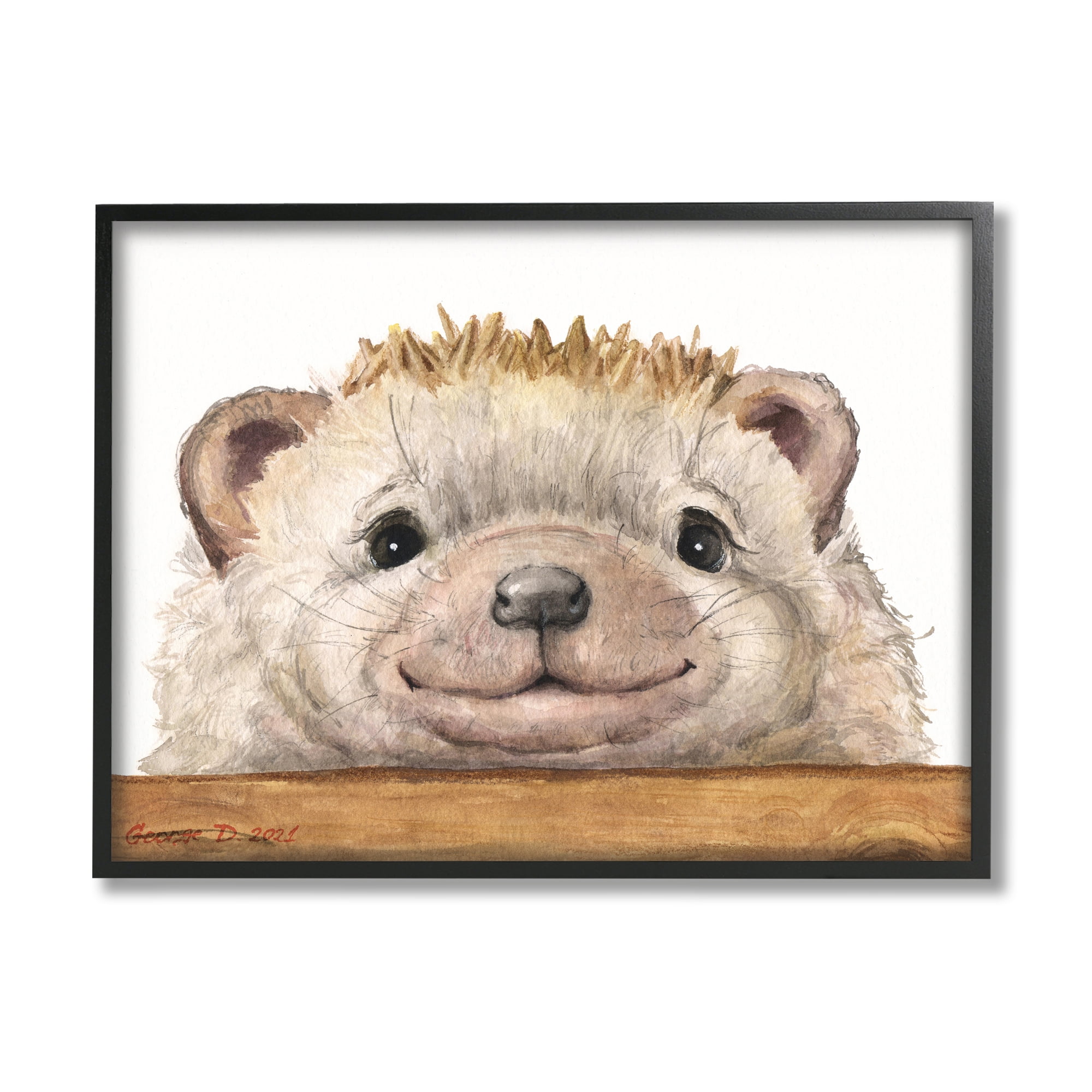 Stupell Industries Expressive Hedgehog Peeking Smiling Casual Animal Painting Black Framed Art Print Wall Art, Design by George Dyachenko