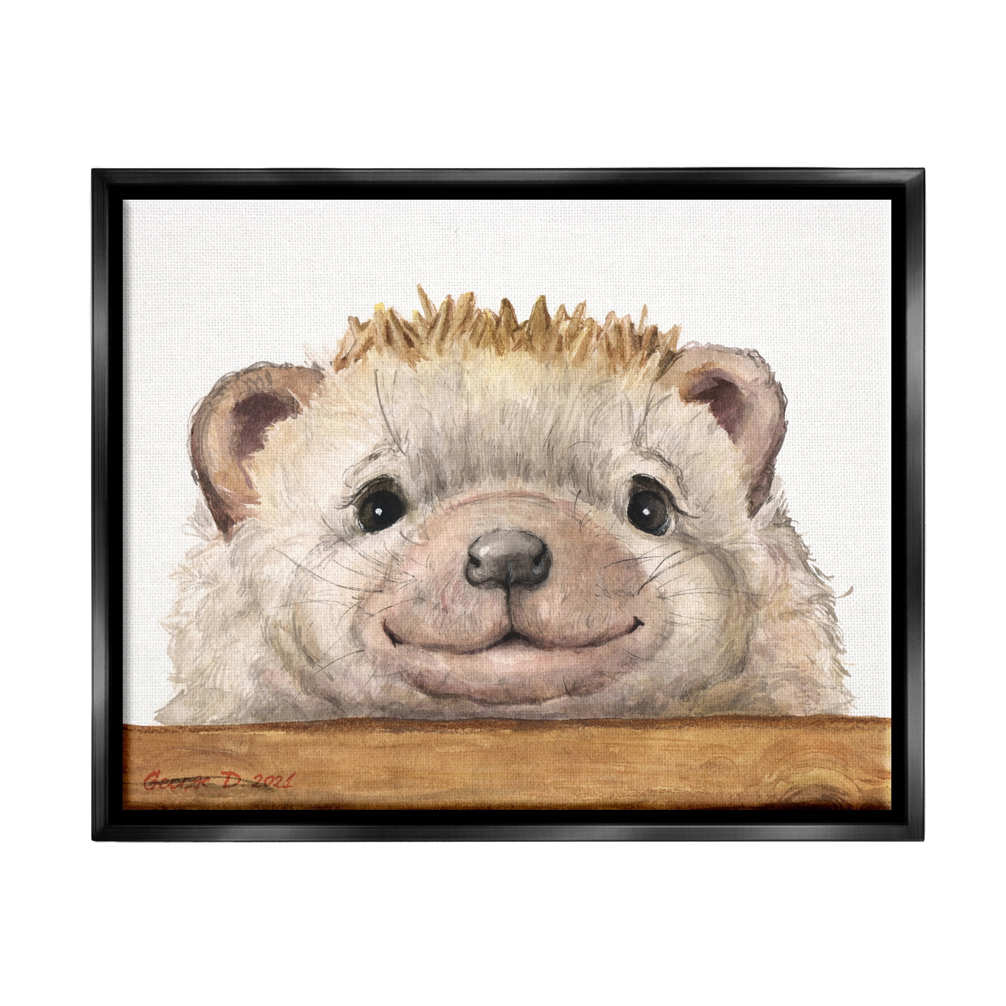 Stupell Industries Expressive Hedgehog Peeking Smiling Casual Animal Painting Jet Black Floating Framed Canvas Print Wall Art, Design by George Dyachenko