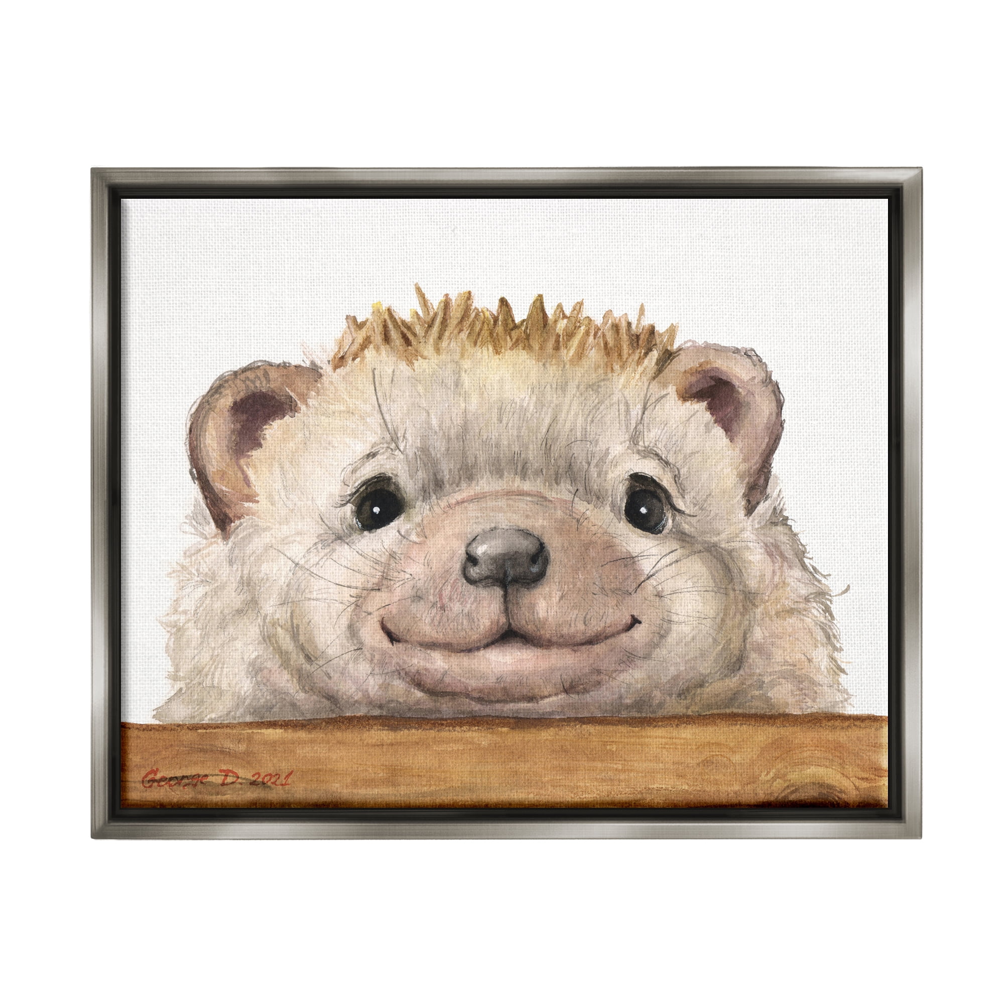 Stupell Industries Expressive Hedgehog Peeking Smiling Casual Animal Painting Luster Gray Floating Framed Canvas Print Wall Art, Design by George Dyachenko