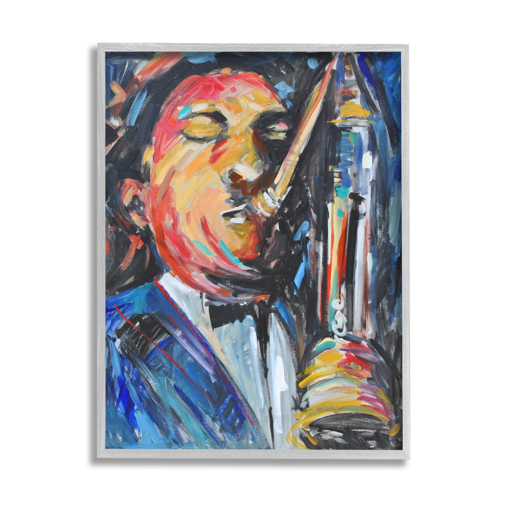 Stupell Industries Expressive Jazz Saxophone Contemporary Musician Portrait Beauty & Fashion Painting Gray Framed Art Print Wall Art, 16 x 20