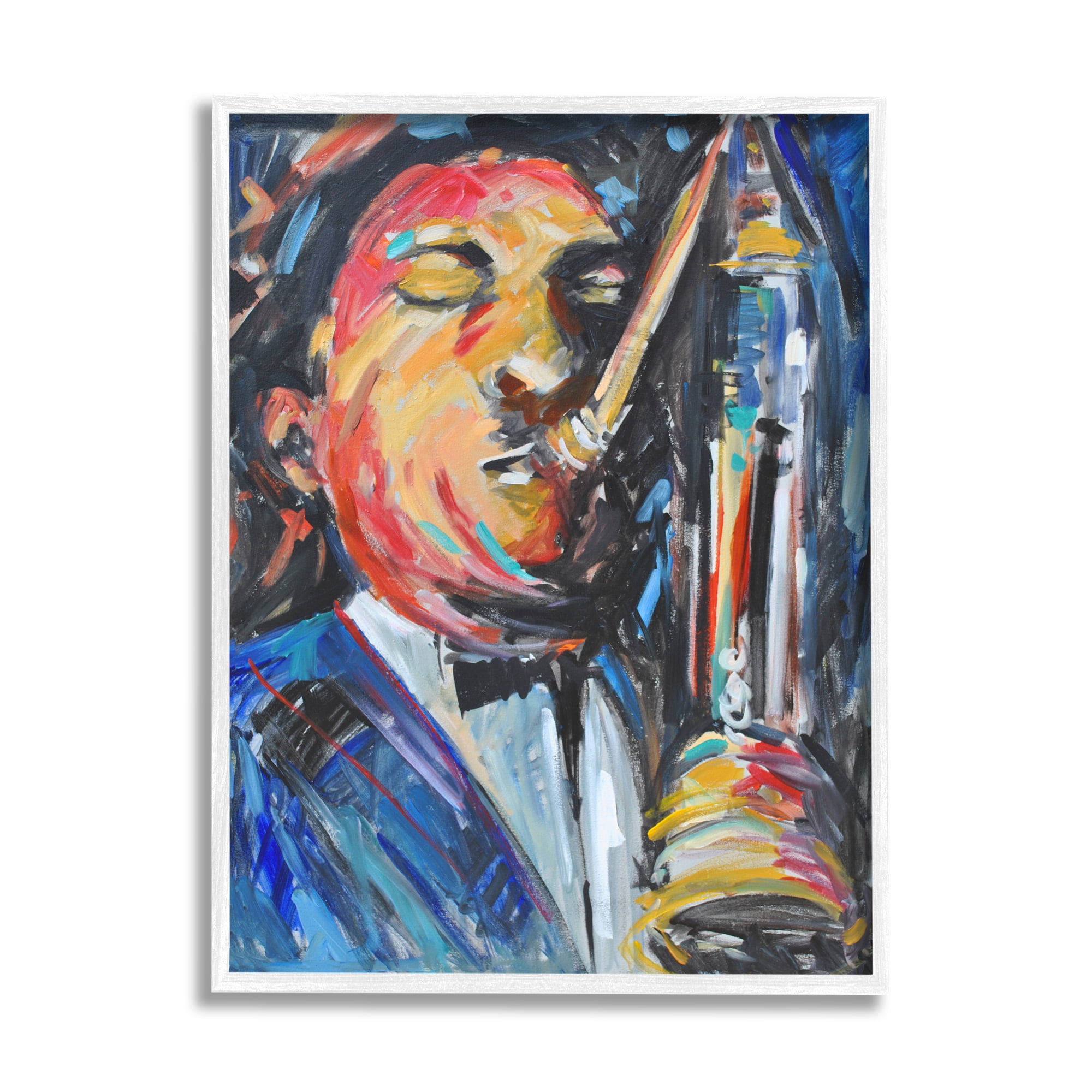 Stupell Industries Expressive Jazz Saxophone Contemporary Musician Portrait Beauty & Fashion Painting White Framed Art Print Wall Art, 16 x 20