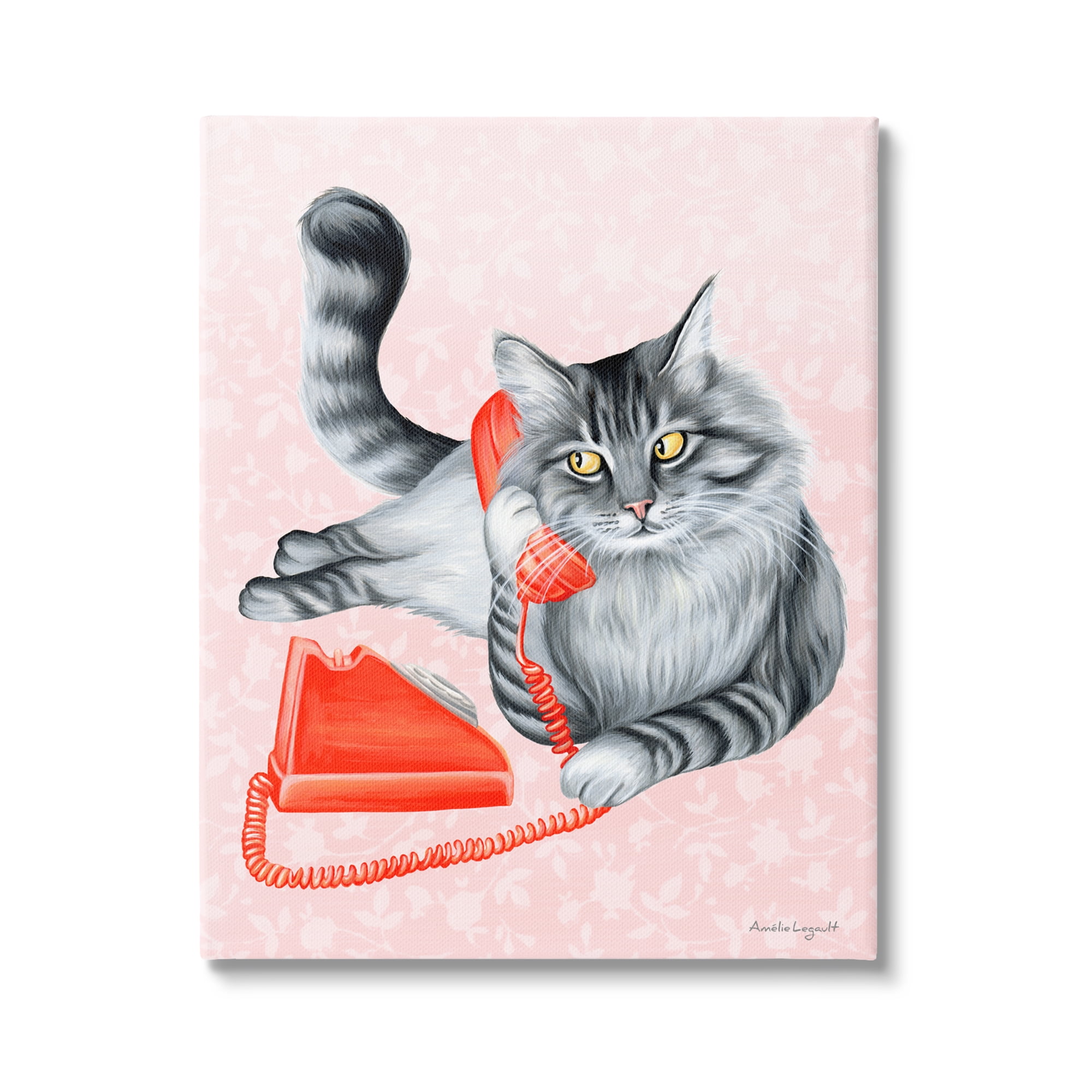 Stupell Industries Expressive Manx Cat Vintage Telephone Botanical Pattern Graphic Art Gallery Wrapped Canvas Print Wall Art, Design by Amelie Legault