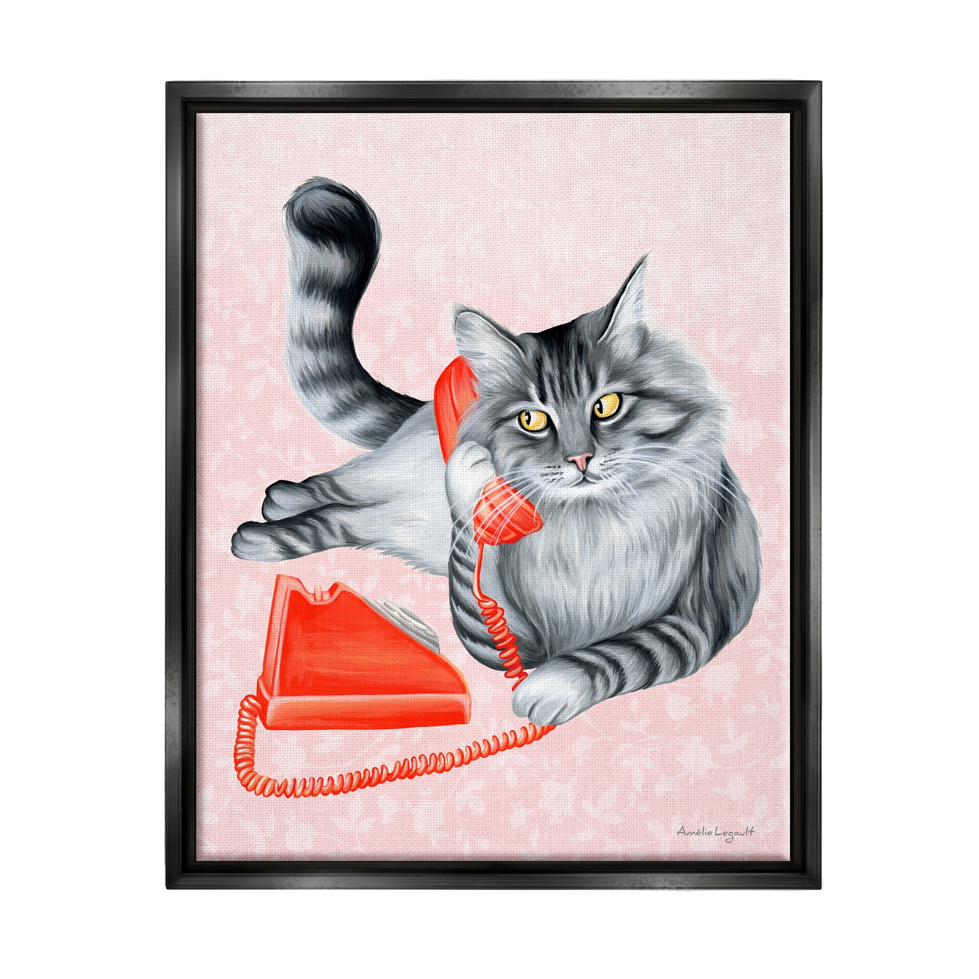 Stupell Industries Expressive Manx Cat Vintage Telephone Botanical Pattern Graphic Art Jet Black Floating Framed Canvas Print Wall Art, Design by Amelie Legault