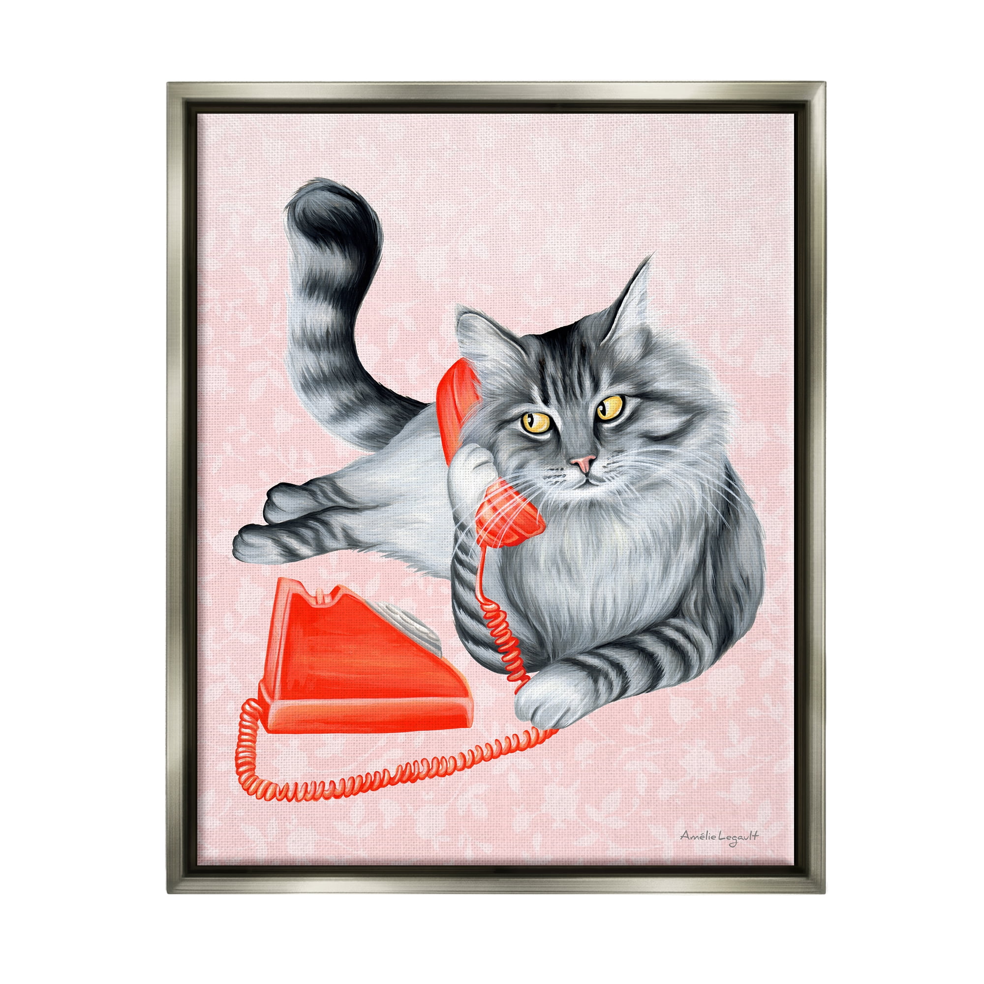 Stupell Industries Expressive Manx Cat Vintage Telephone Botanical Pattern Graphic Art Luster Gray Floating Framed Canvas Print Wall Art, Design by Amelie Legault