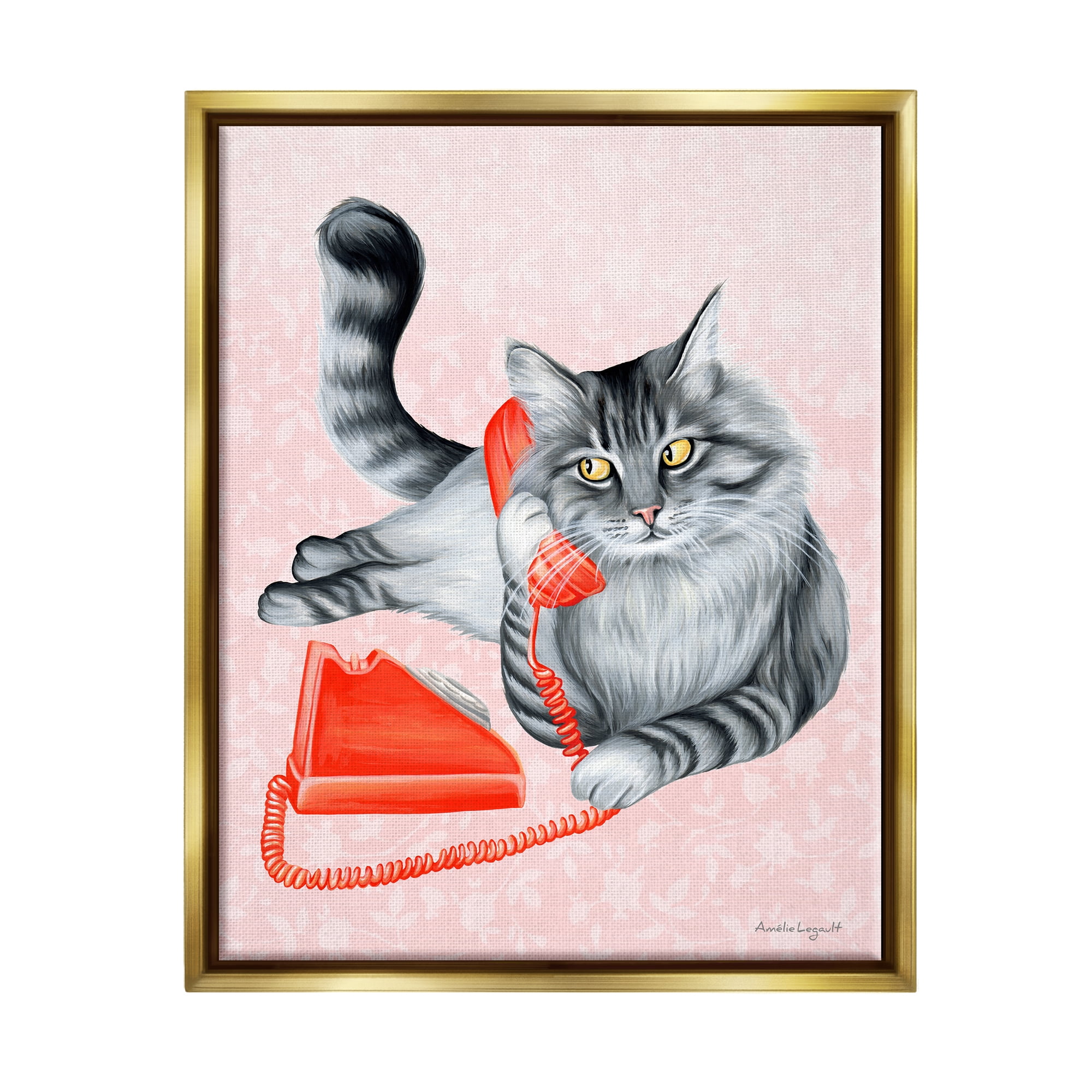 Stupell Industries Expressive Manx Cat Vintage Telephone Botanical Pattern Graphic Art Metallic Gold Floating Framed Canvas Print Wall Art, Design by Amelie Legault