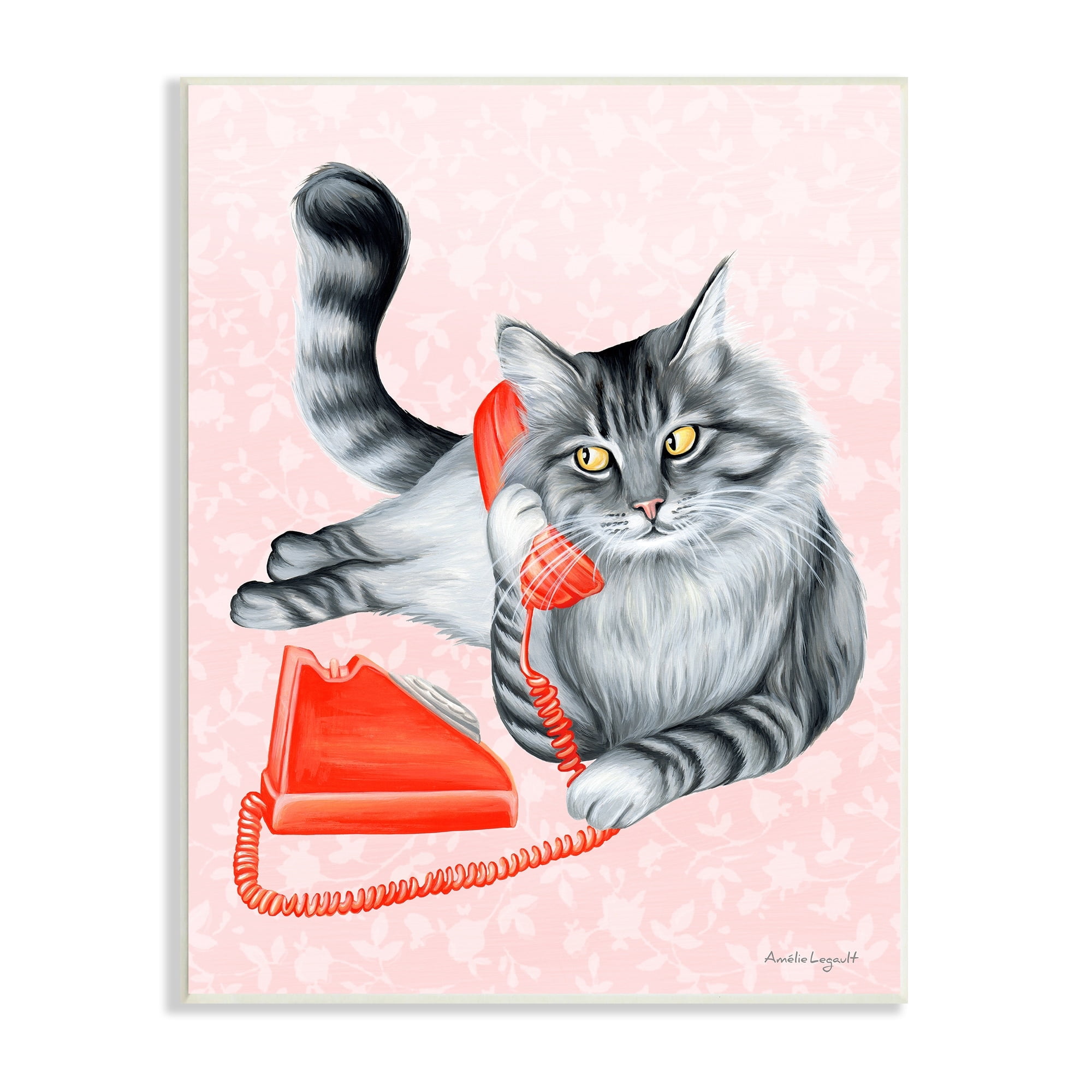 Stupell Industries Expressive Manx Cat Vintage Telephone Botanical Pattern Graphic Art Unframed Art Print Wall Art, Design by Amelie Legault