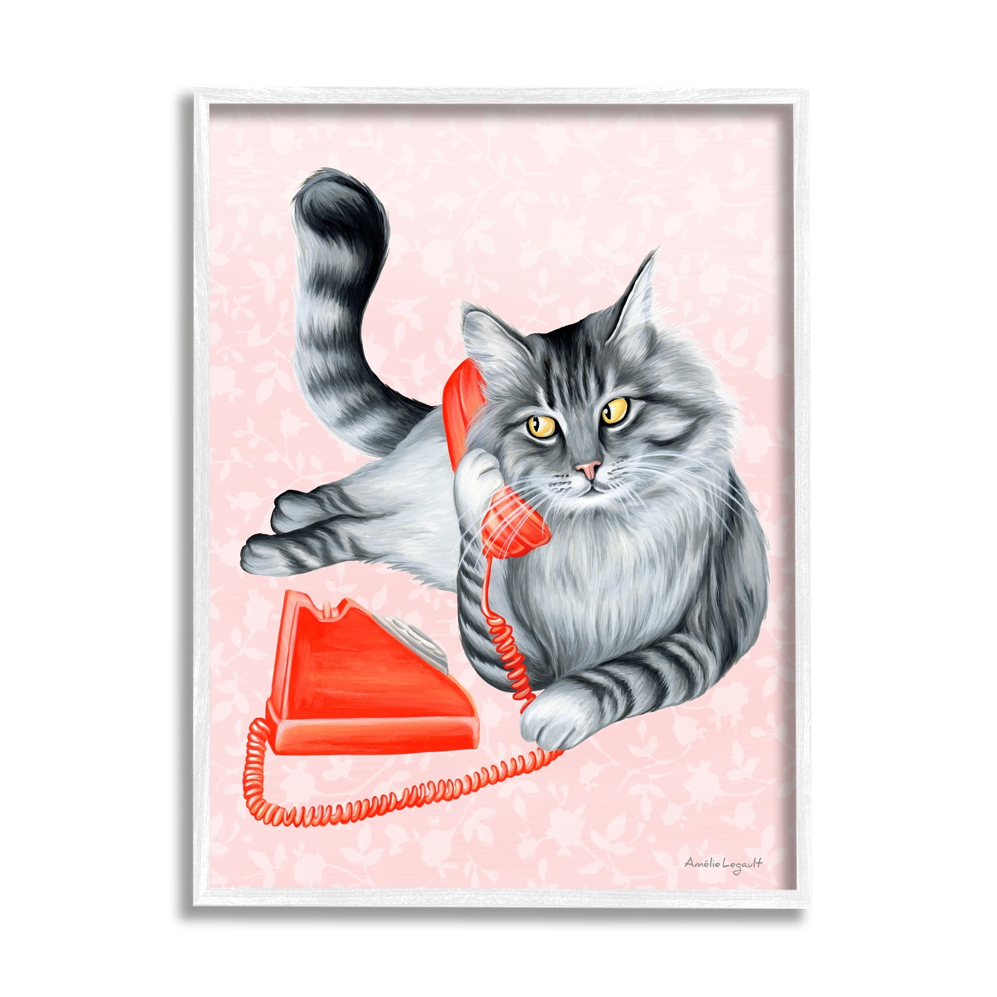 Stupell Industries Expressive Manx Cat Vintage Telephone Botanical Pattern Graphic Art White Framed Art Print Wall Art, Design by Amelie Legault