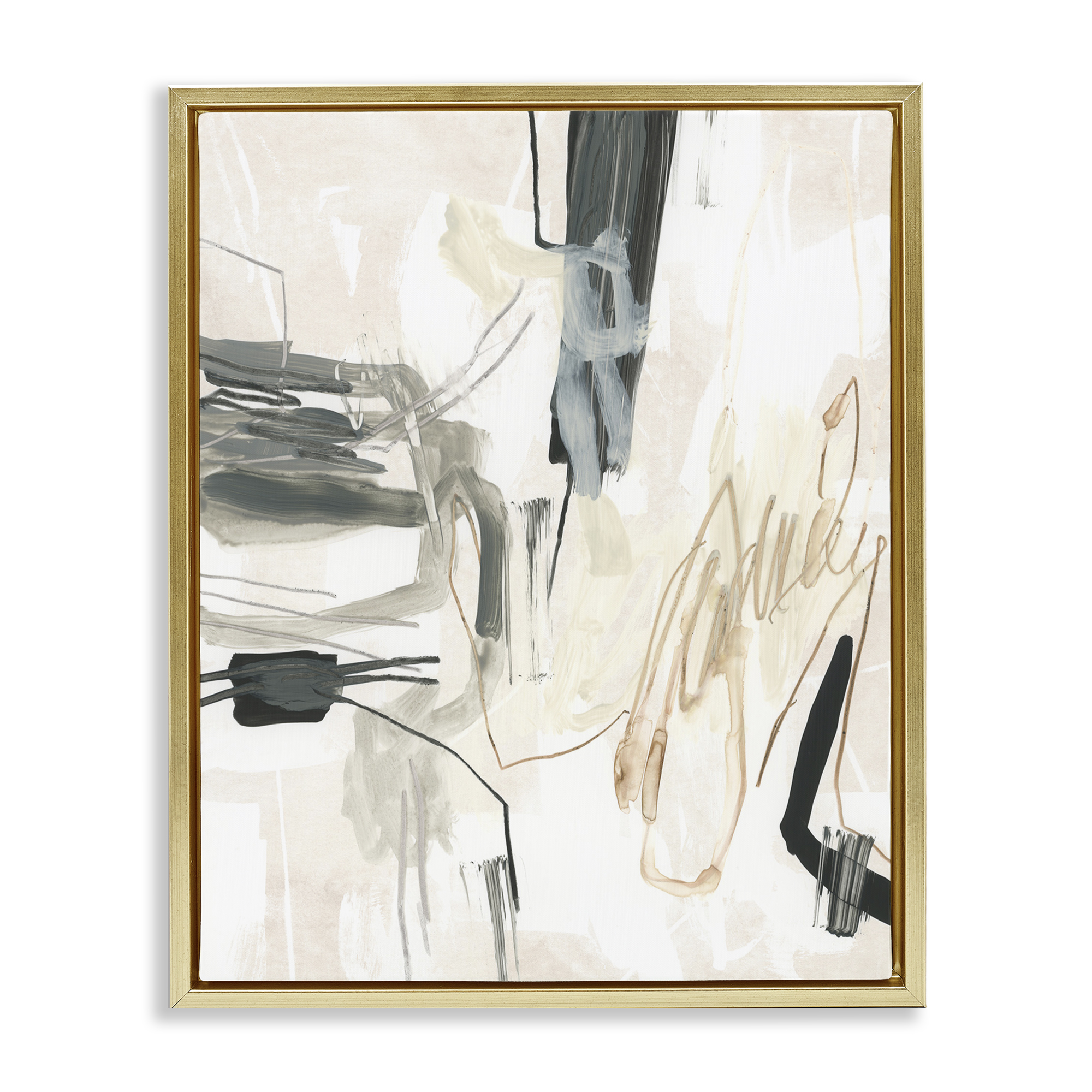 Stupell Industries Expressive Neutral Tones Scribble Abstract Painting Gold Floater Framed Canvas Art Print Wall Art, 25 x 31