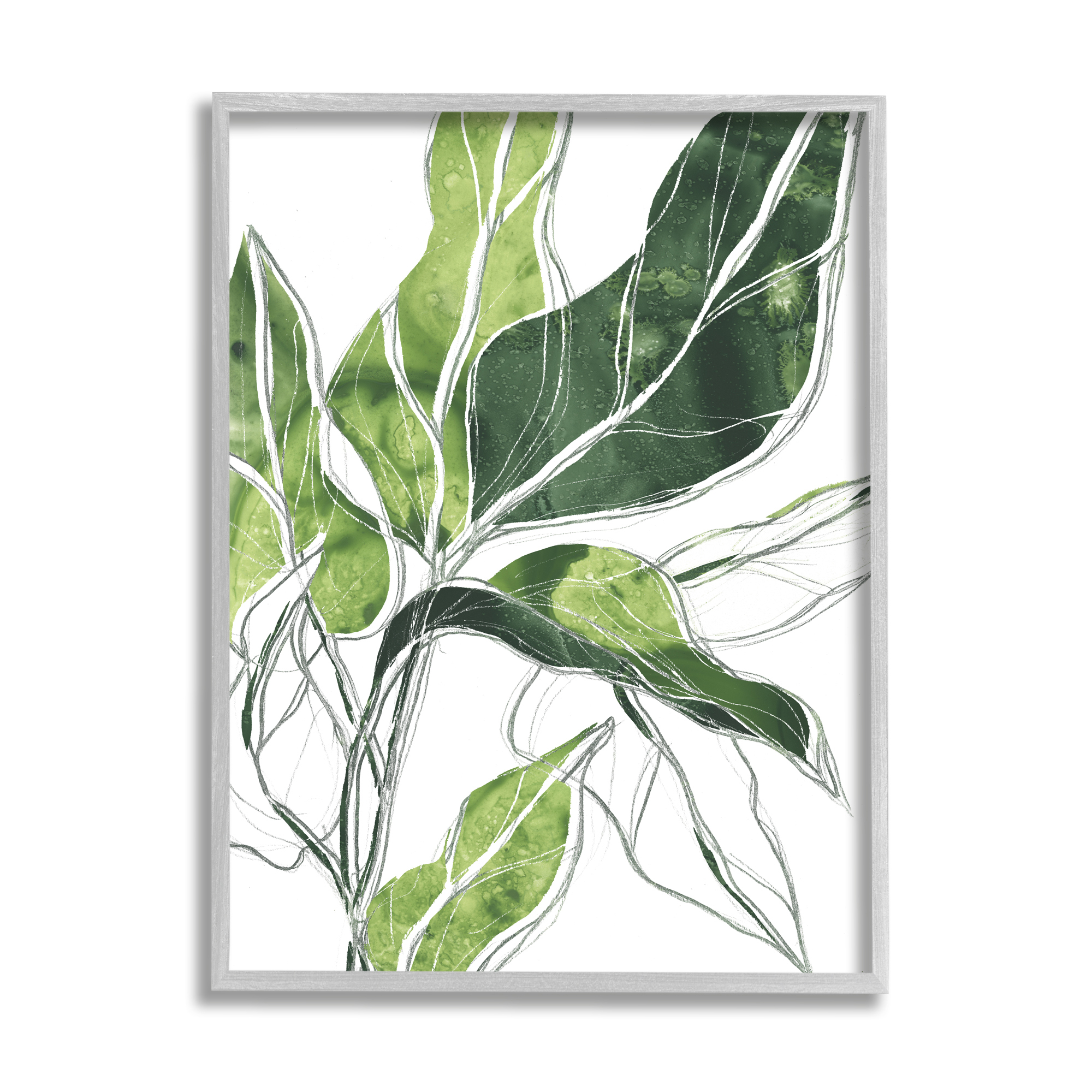 Stupell Industries Expressive Palm Linework Green Pop Detail Botanical & Floral Painting Gray Framed Art Print Wall Art, 11 x 14