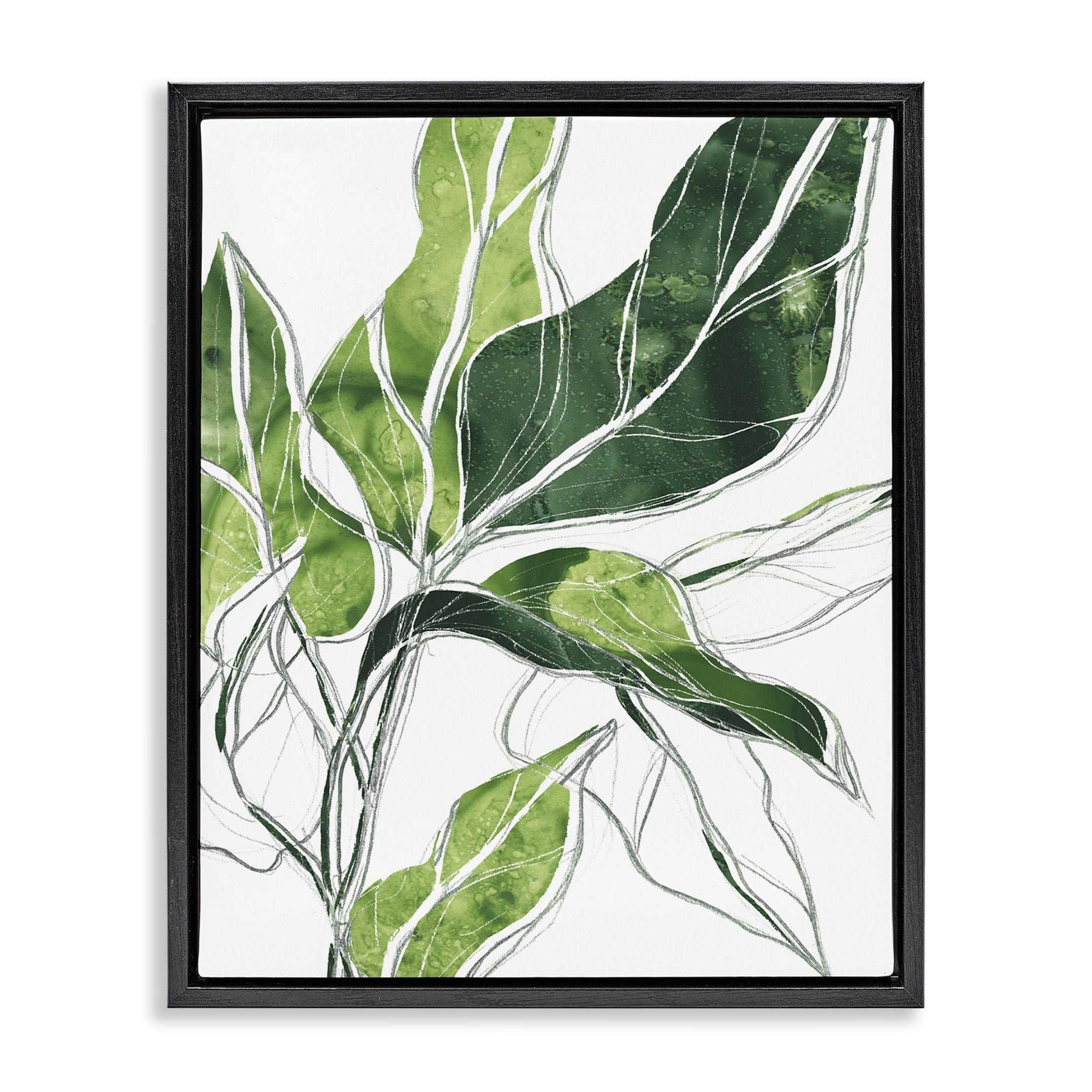 Stupell Industries Expressive Palm Linework Green Pop Detail Jet Black Framed Floating Canvas Wall Art, 24x30, by June Erica Vess