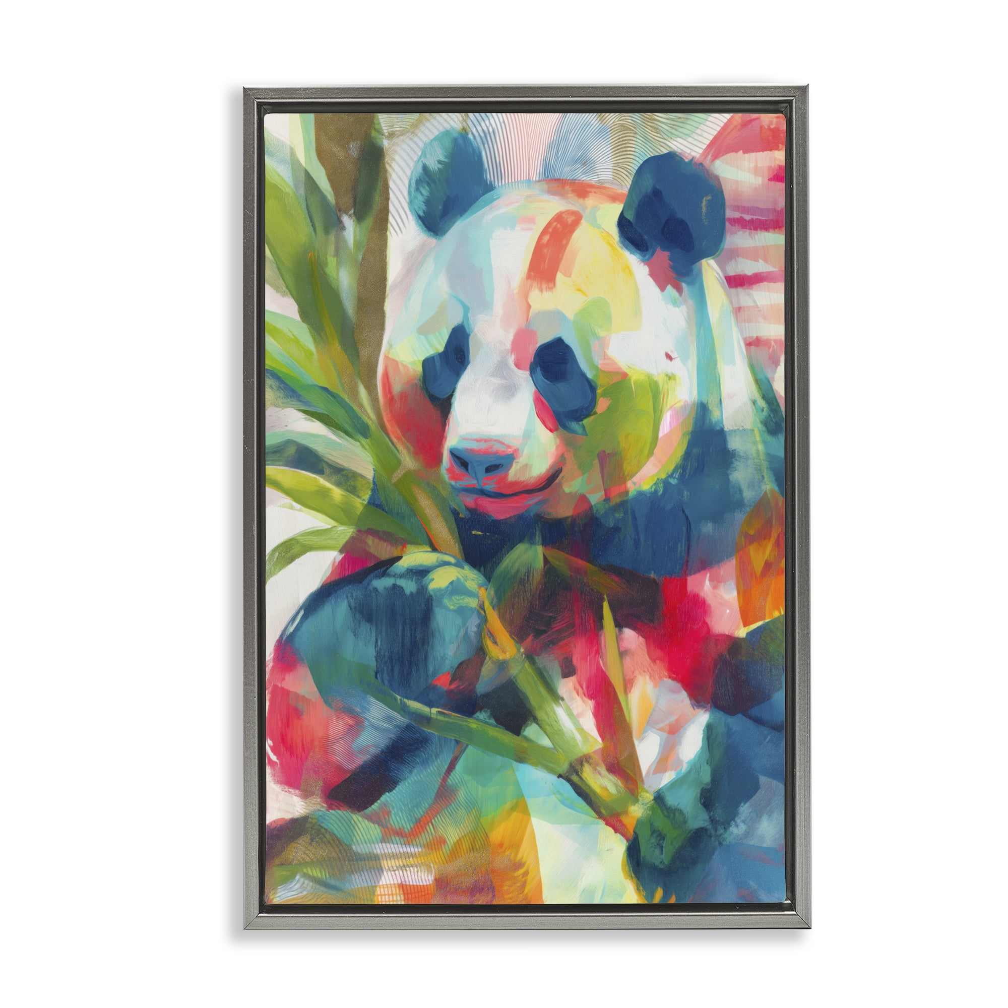Stupell Industries Expressive Panda In Bloom Gray Framed Floater Canvas Wall Art, design by Chromatic Storm Studio
