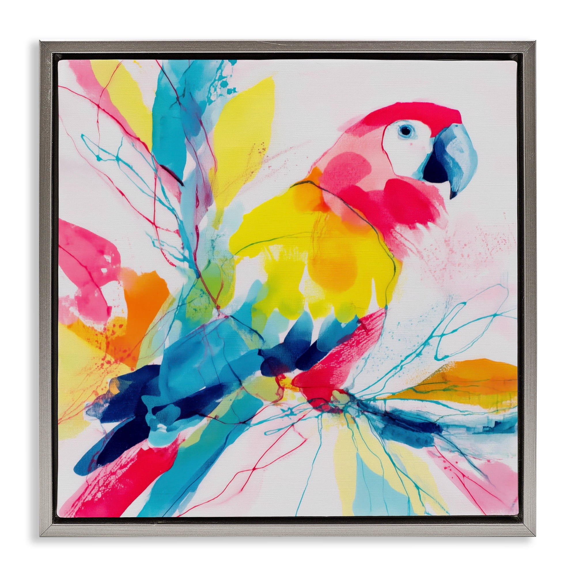 Stupell Industries Expressive Parrot in Bloom Gray Framed Floater Canvas Wall Art, design by Chromatic Storm Studio