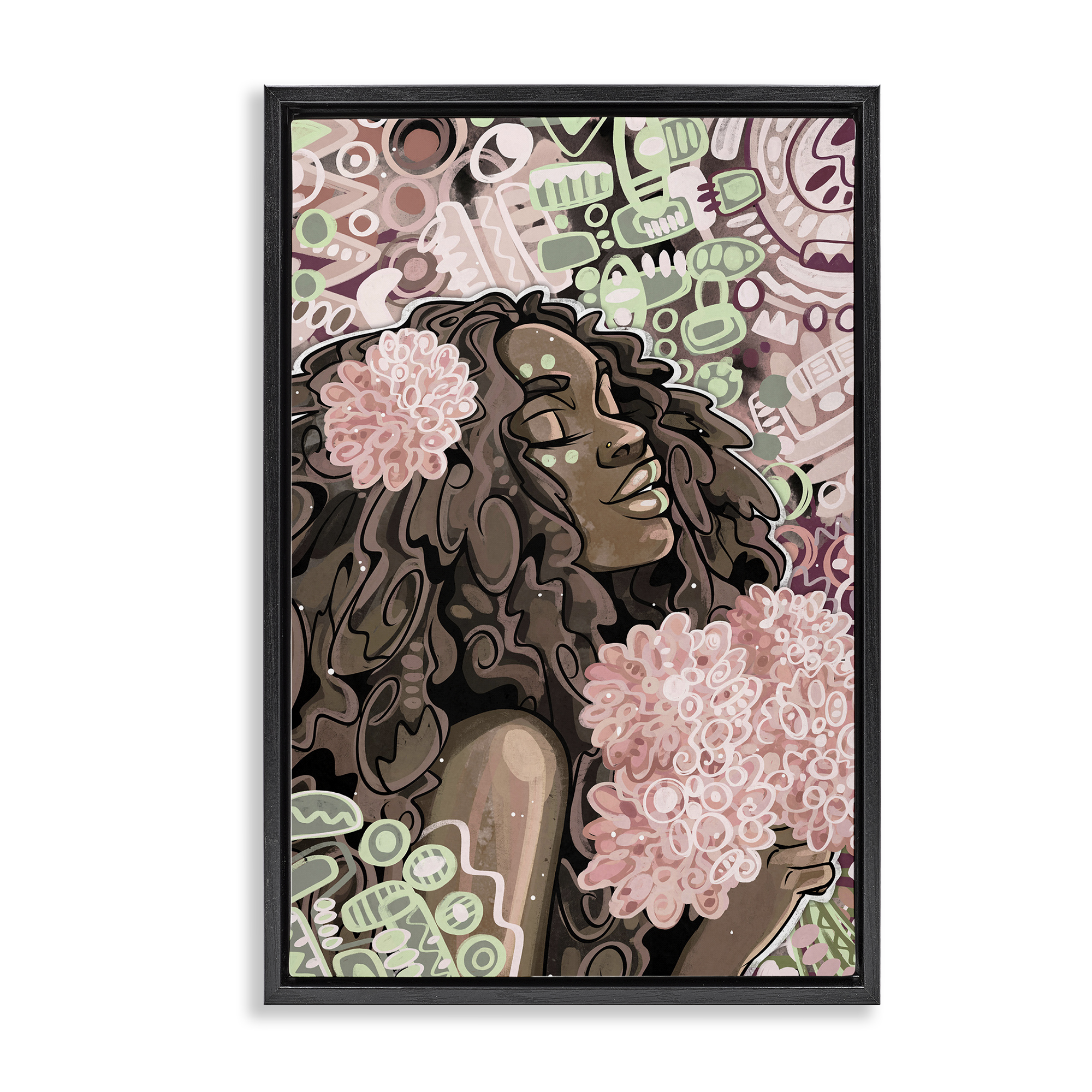 Stupell Industries Expressive Patterned Woman Novelty Painting Black Floater Framed Art Print Wall Art, 17 x 25