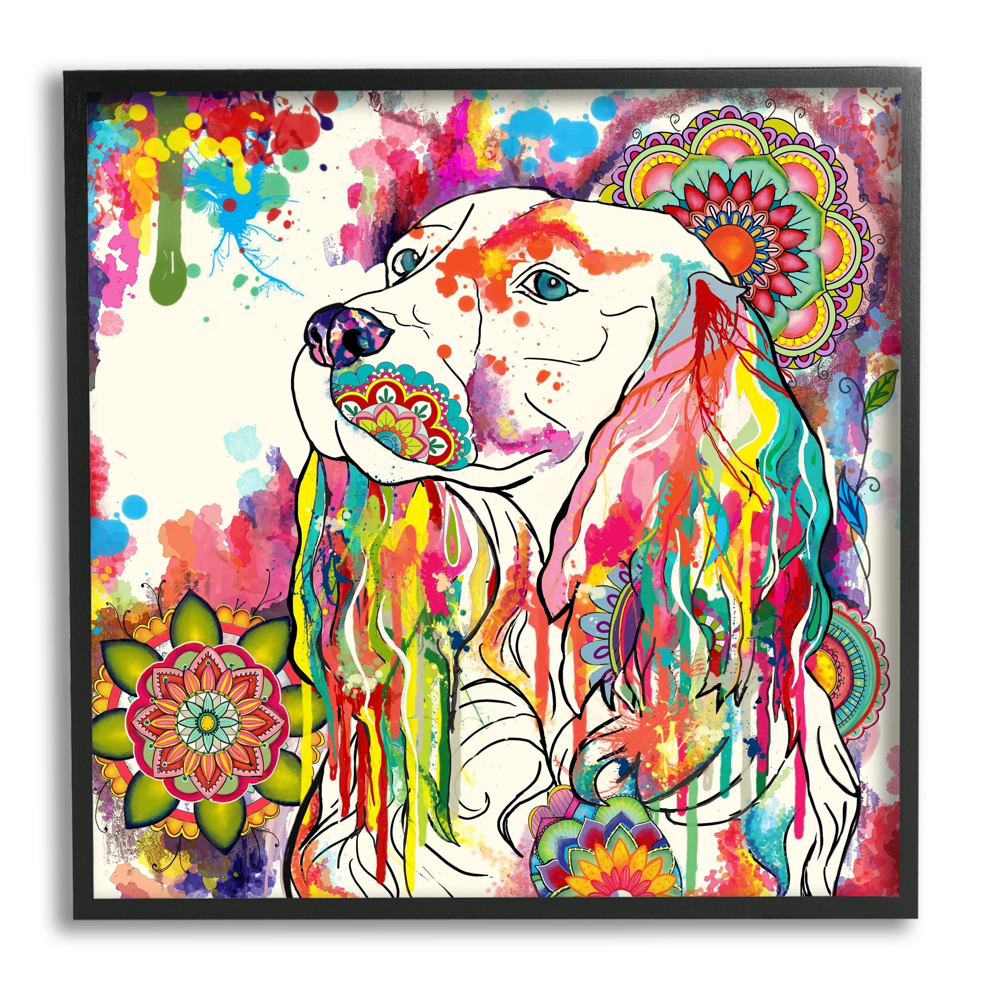 Stupell Industries Expressive Spaniel Dog Portrait Vibrant Medallion Boho Pattern, 12 x 12,Design by Sangita Bachelet