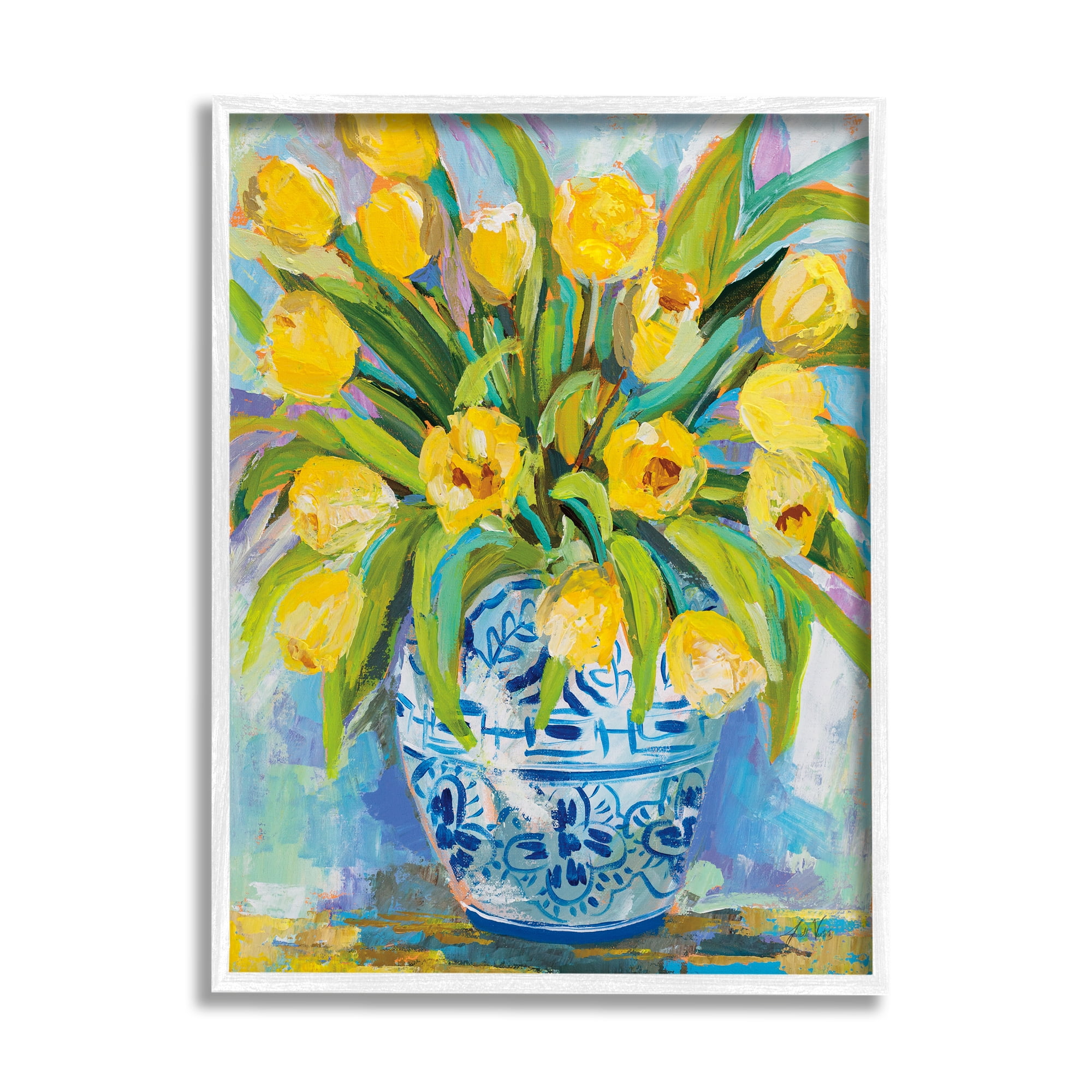 Expressive Yellow Tulips in Blue Vase Canvas Print with White Frame