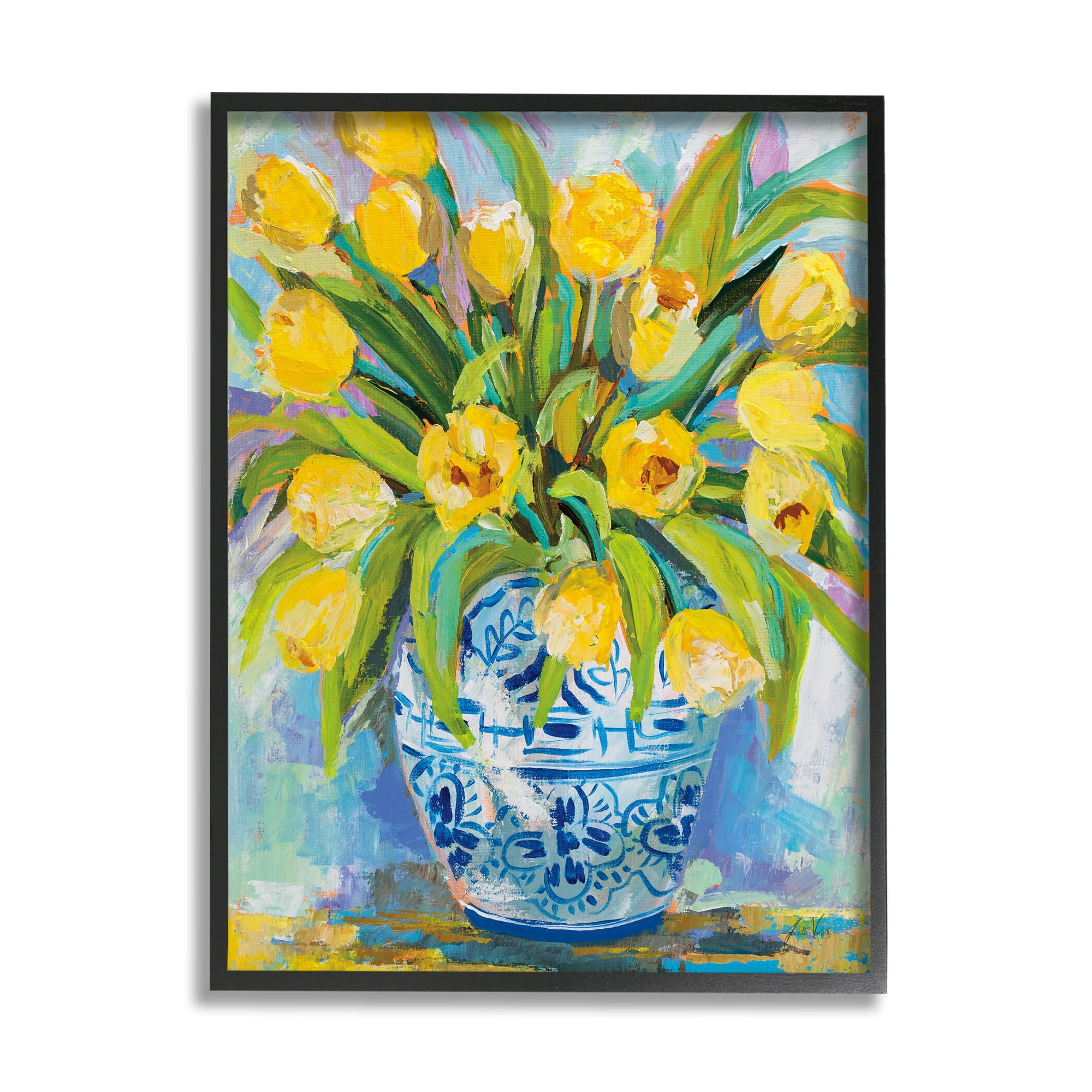 Stupell Industries Expressive Yellow Tulips in Ornate Blue Vase Painting, 16 x 20,Design by Jeanette Vertentes