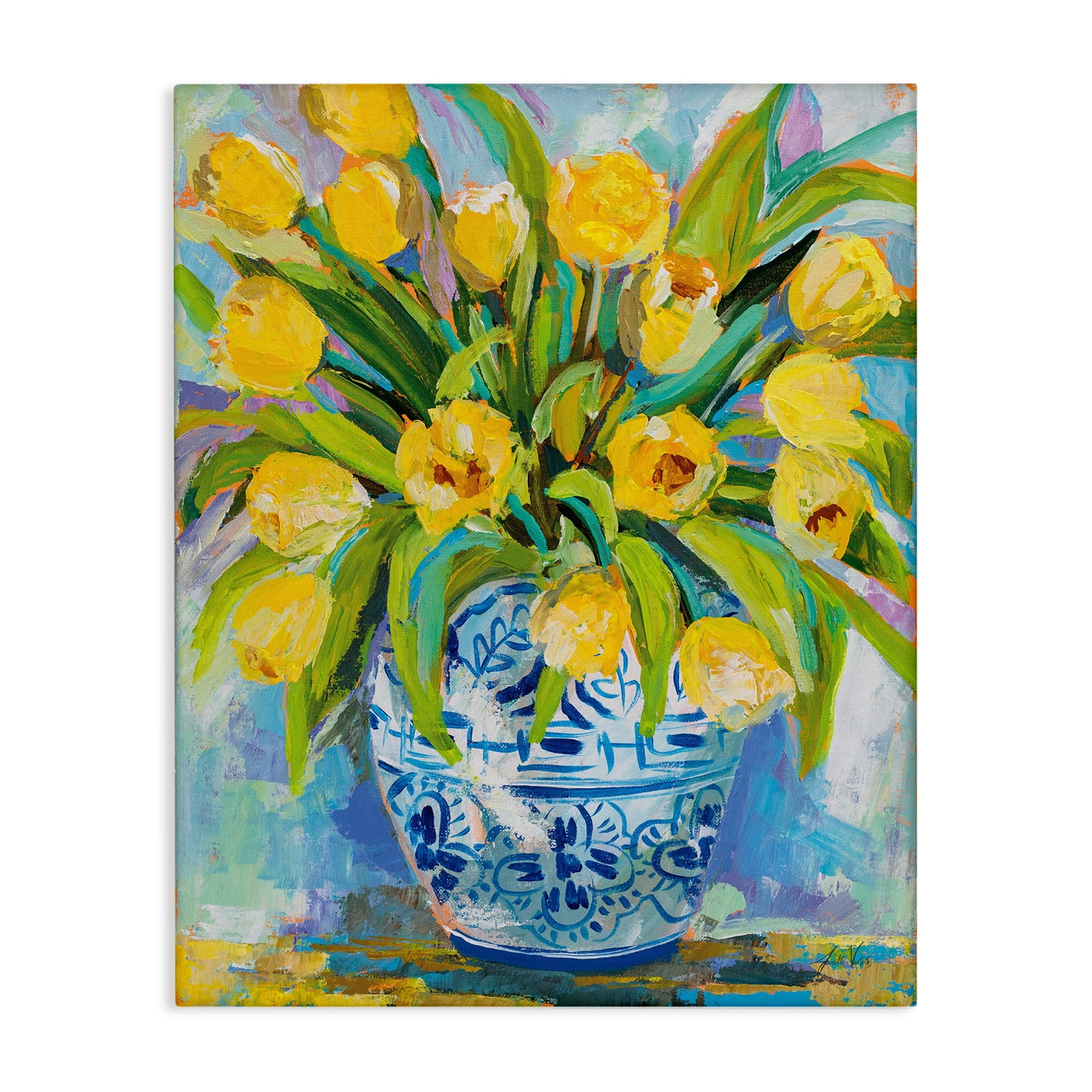 Expressive Yellow Tulips in Blue Vase Canvas Wall Art
