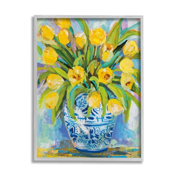 Stupell Industries Expressive Yellow Tulips in Ornate Blue Vase Painting, 24 x 30,Design by Jeanette Vertentes