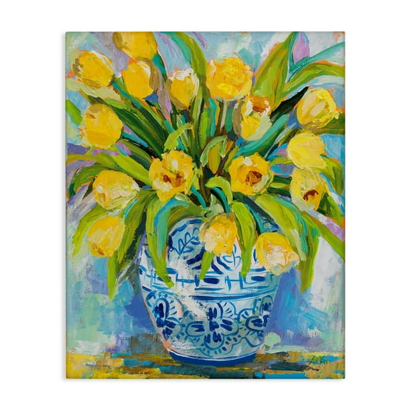 Stupell Industries Expressive Yellow Tulips in Ornate Blue Vase Painting, 24 x 30,Design by Jeanette Vertentes