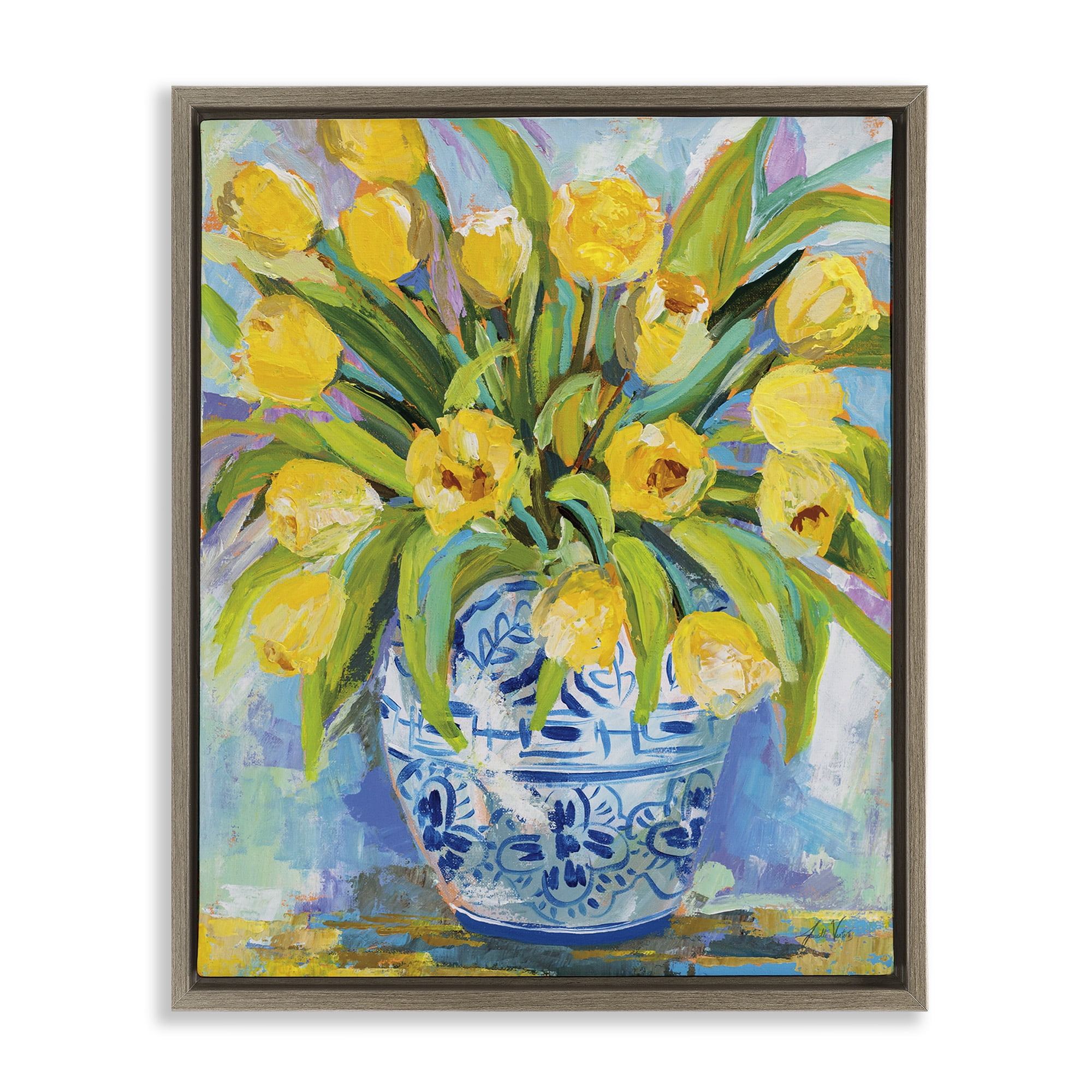 Stupell Industries Expressive Yellow Tulips in Vase Botanical & Floral Painting Brown Floater Framed Canvas Art Print Wall Art, 25 x 31