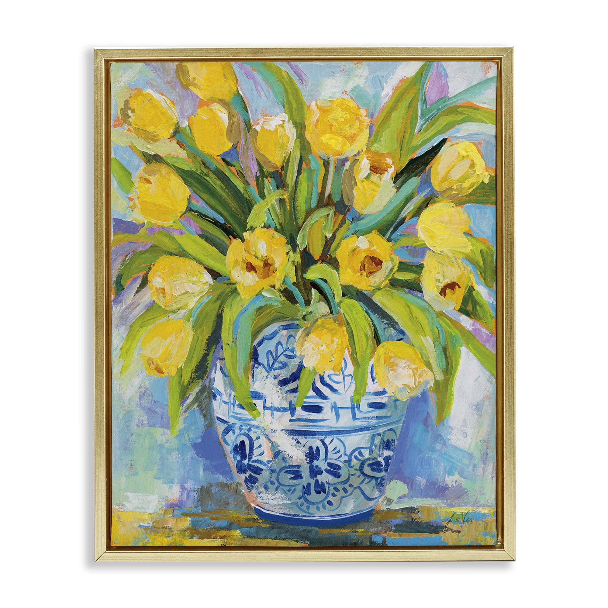 Stupell Industries Expressive Yellow Tulips in Vase Botanical & Floral Painting Gold Floater Framed Canvas Art Print Wall Art, 17 x 21