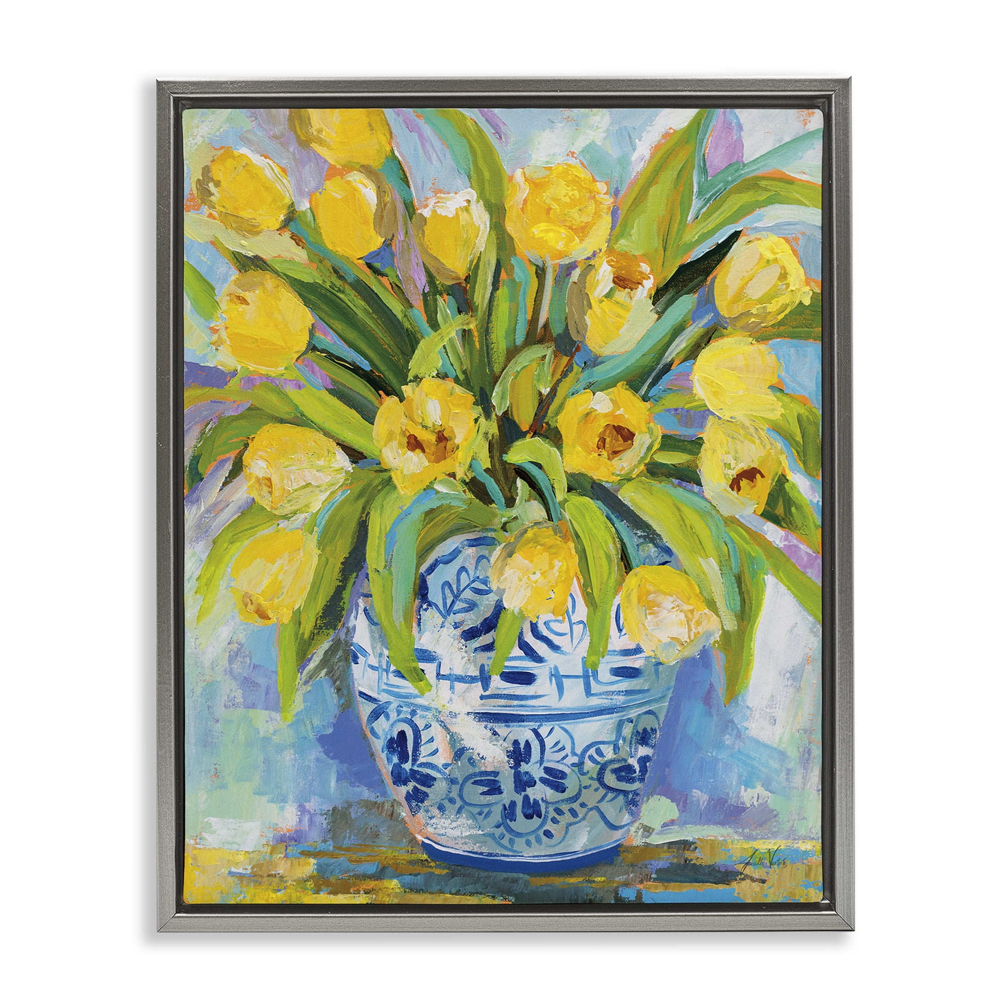 Stupell Industries Expressive Yellow Tulips in Vase Botanical & Floral Painting Gray Floater Framed Canvas Art Print Wall Art, 17 x 21