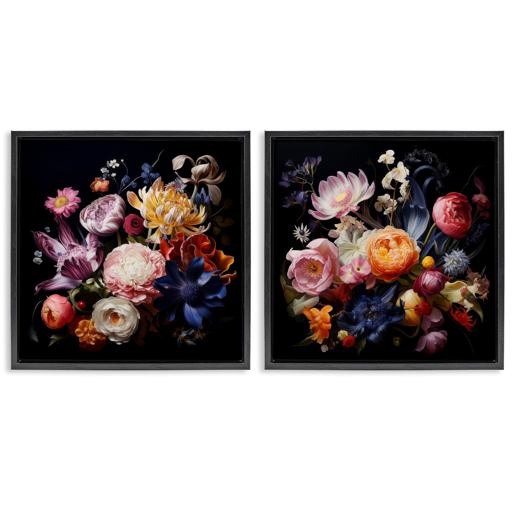 Stupell Industries Exquisite Floral Arrangement Plants & Flowers Painting Black Floater Framed Canvas Art Print Wall Art, 25 x 25, Set of 2