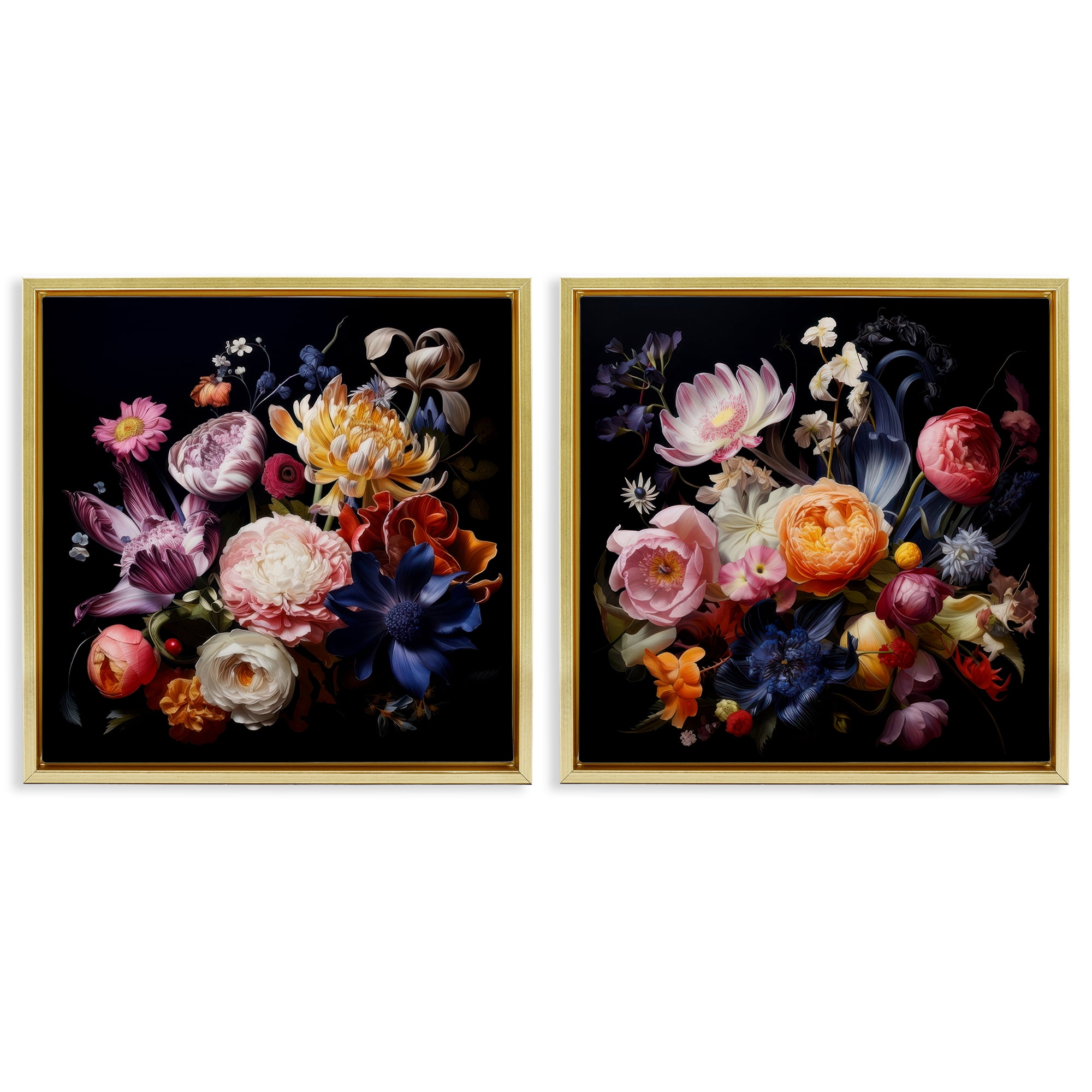Stupell Industries Exquisite Floral Arrangement Plants & Flowers Painting Gold Floater Framed Canvas Art Print Wall Art, 25 x 25, Set of 2