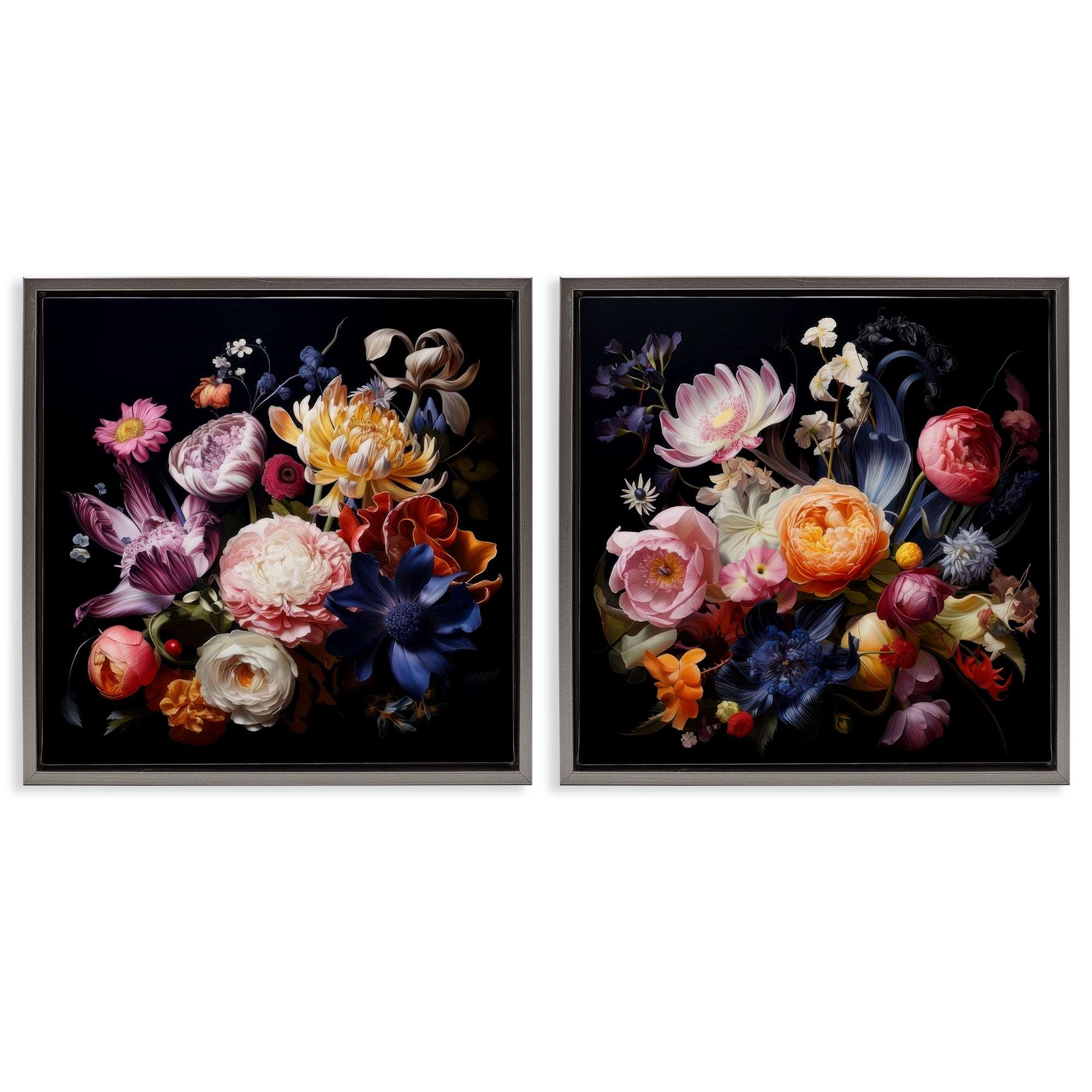 Stupell Industries Exquisite Floral Arrangement Plants & Flowers Painting Gray Floater Framed Canvas Art Print Wall Art, 18 x 18, Set of 2