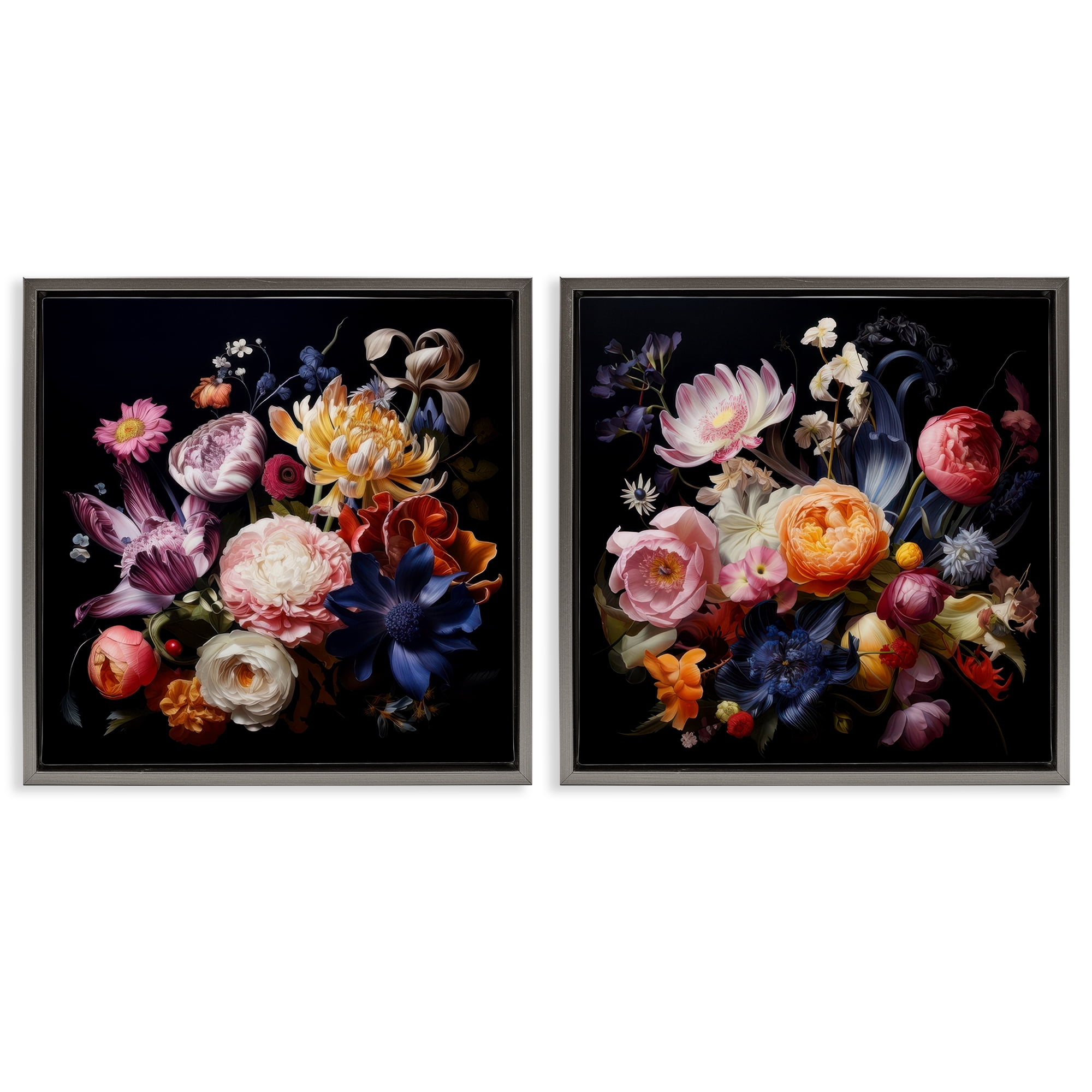 Stupell Industries Exquisite Floral Arrangement Plants & Flowers Painting Gray Floater Framed Canvas Art Print Wall Art, 25 x 25, Set of 2
