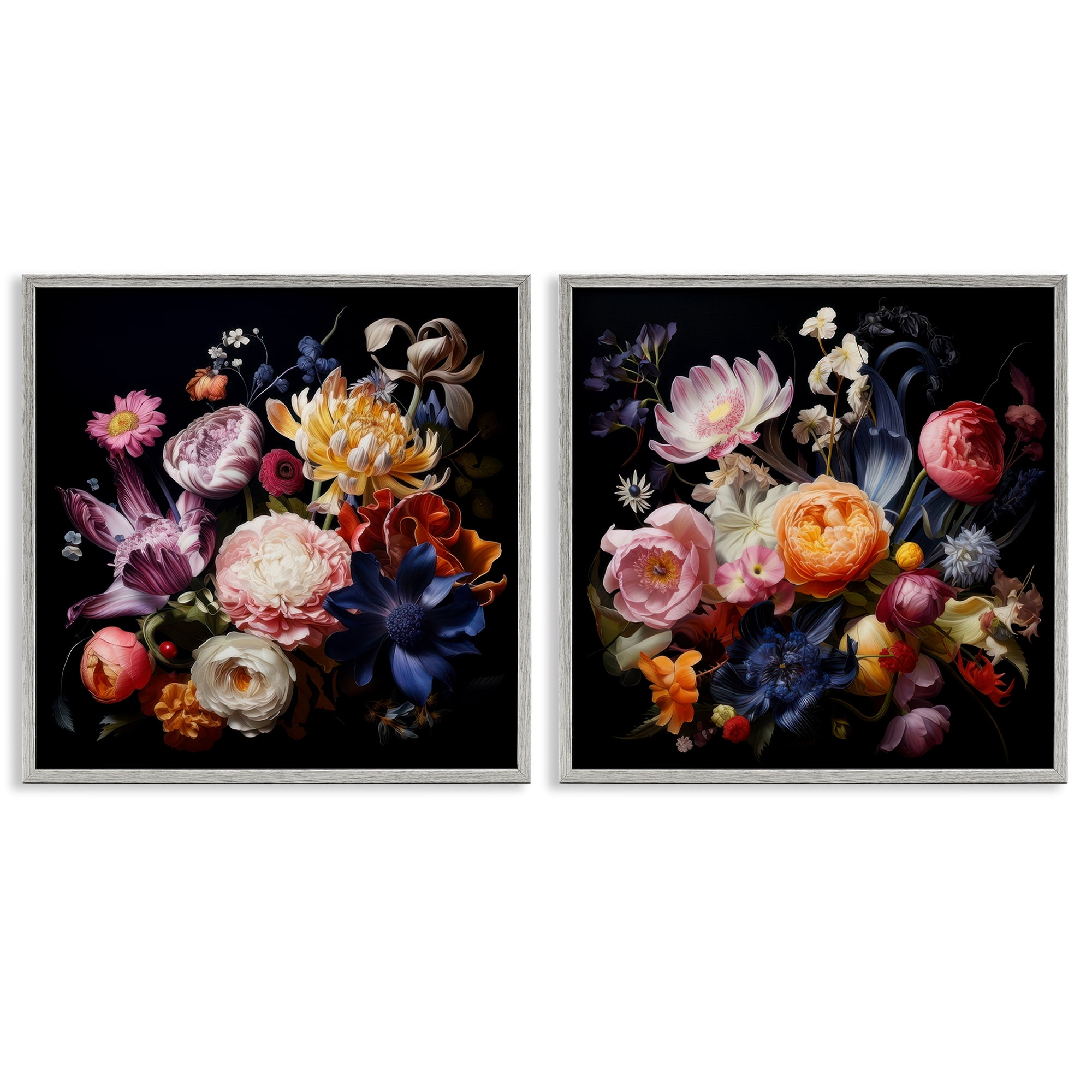 Stupell Industries Exquisite Floral Arrangement Plants & Flowers Painting Gray Framed Art Print Wall Art, 24 x 24, Set of 2
