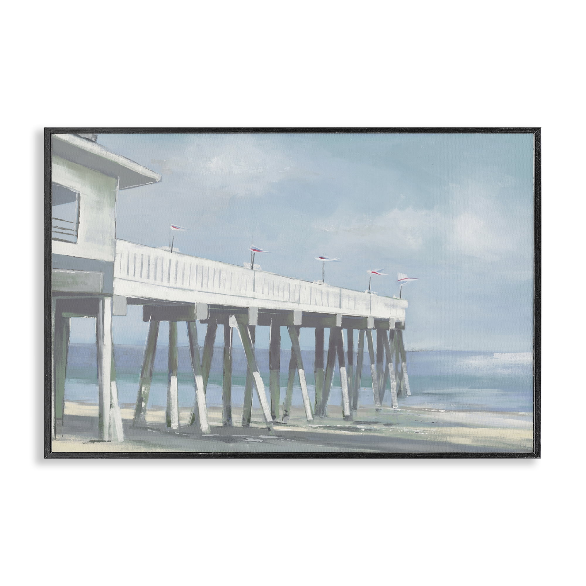Stupell Industries Extended Pier over Beach Nautical & Beach Painting Black Framed Art Print Wall Art, 18 x 12