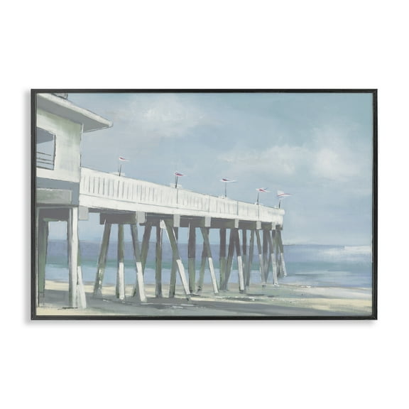 Stupell Industries Extended Pier over Beach Nautical & Beach Painting Black Framed Art Print Wall Art, 18 x 12