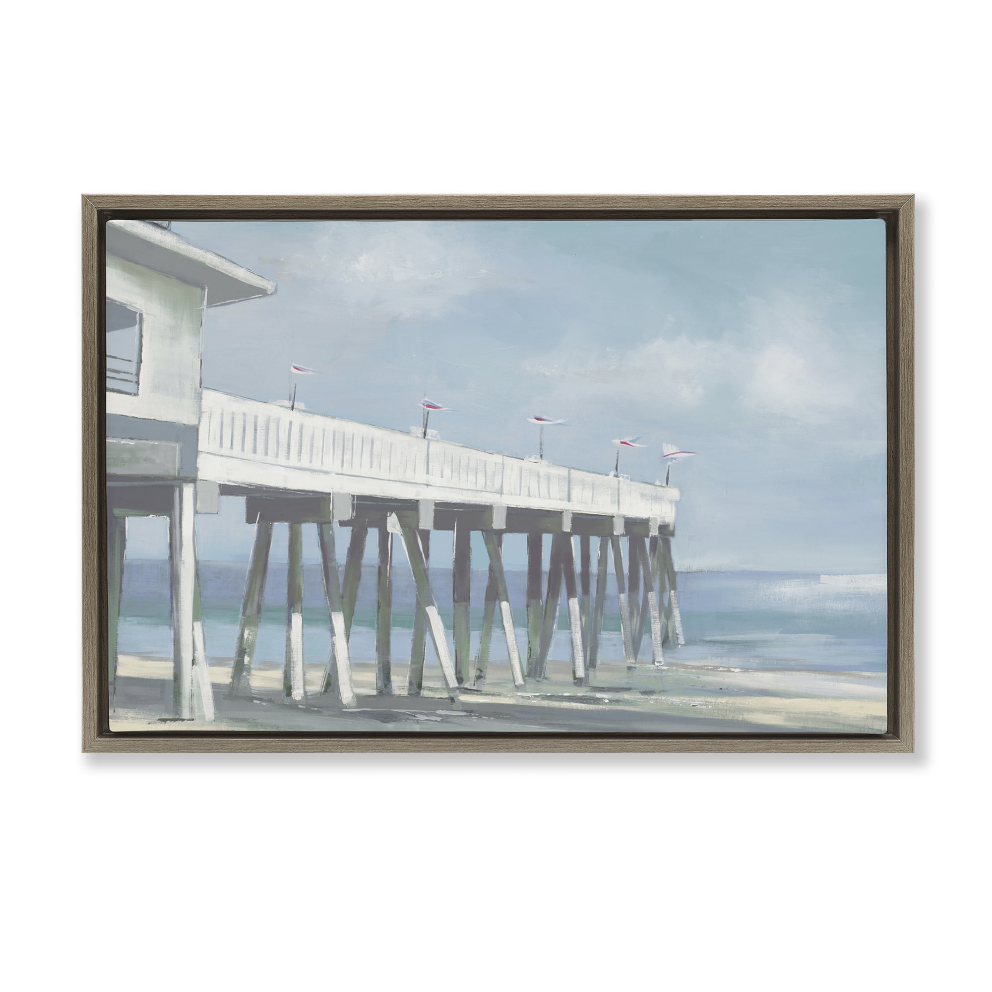 Stupell Industries Extended Pier over Beach Nautical & Beach Painting Brown Floater Framed Canvas Art Print Wall Art, 25 x 17