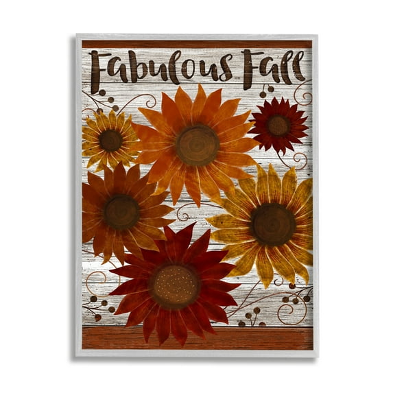 Stupell Industries Fabulous Fall Phrase Rustic Harvest Sunflowers Gray Framed Design by Beth Albert