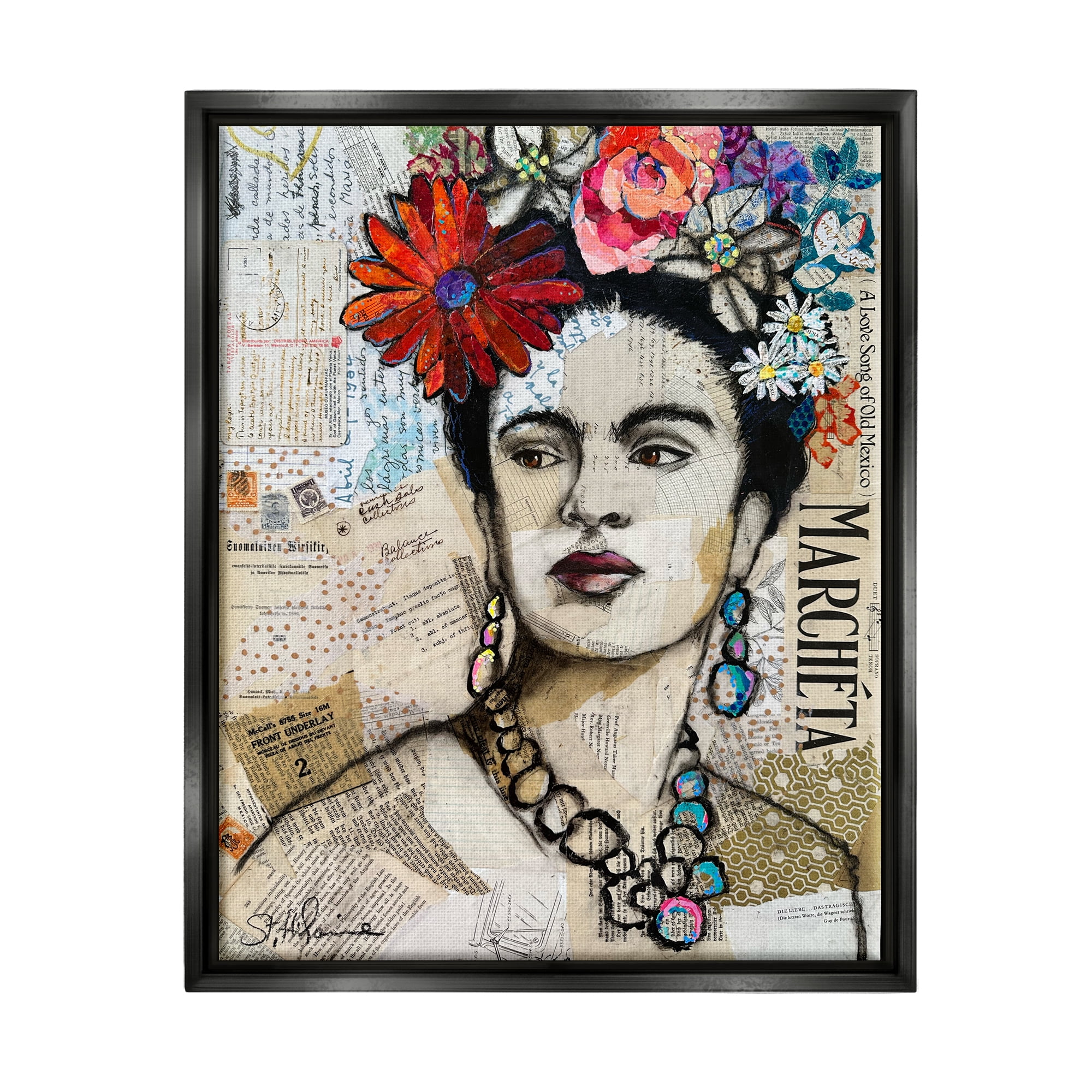 Stupell Industries Fabulous Frida Kahlo Botanical & Floral Painting Black Floater Framed Canvas Art Print Wall Art, 25 x 31