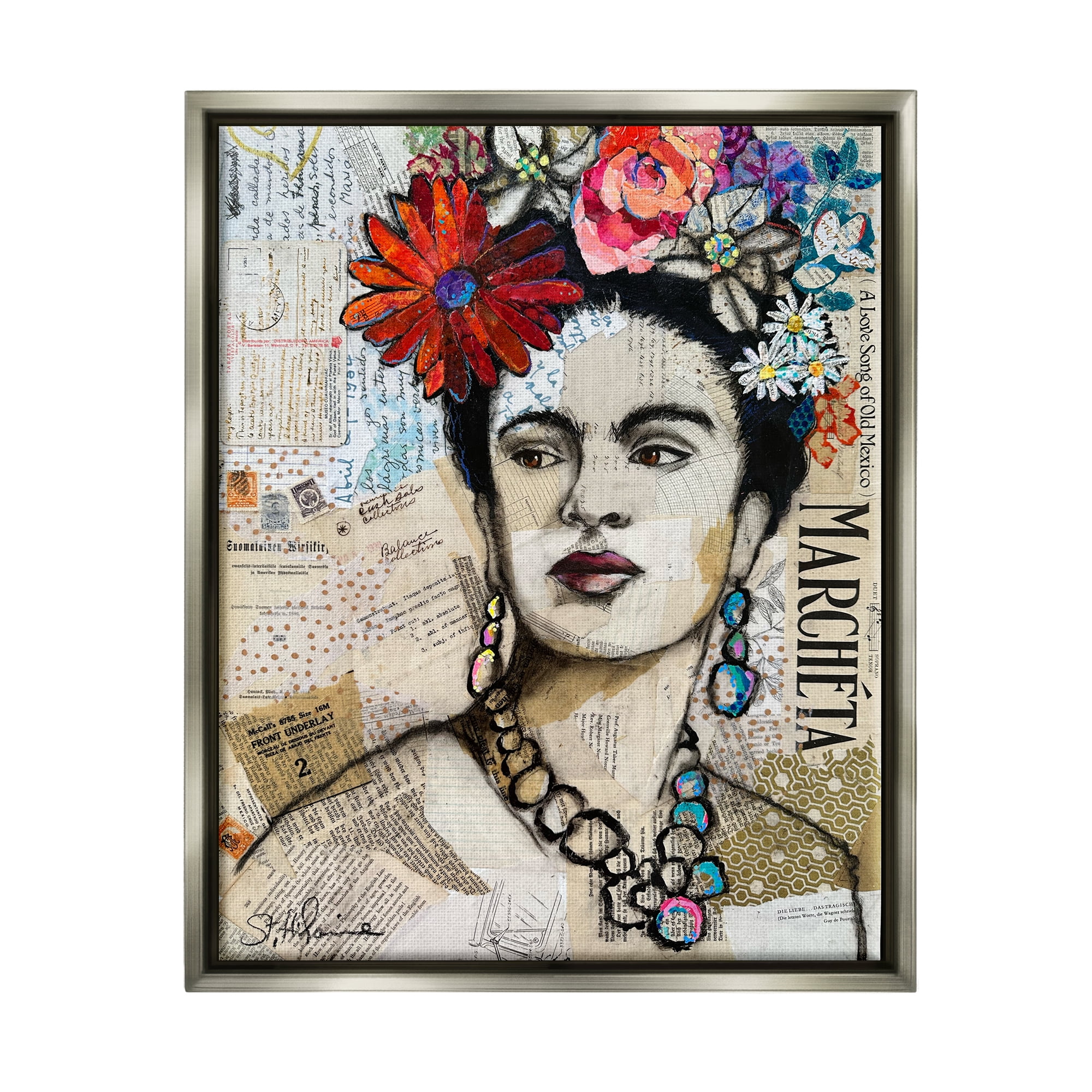 Stupell Industries Fabulous Frida Kahlo Botanical & Floral Painting Gray Floater Framed Canvas Art Print Wall Art, 17 x 21