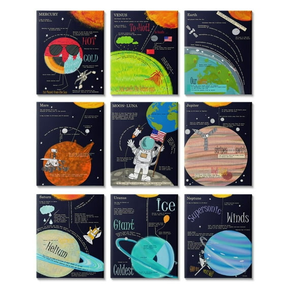 Stupell Industries Facts about Our Solar System Astronaut Galaxy Travel Canvas Wall Art Design by Sangita Bachelet, 9 Piece, 11" x 14"