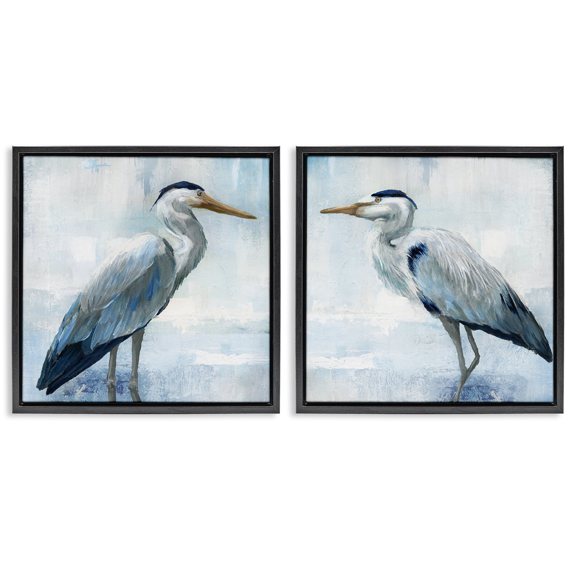 Stupell Industries Faded Blue Coastal Herons 2 Piece Black Framed Floater Canvas Set, design by Nan