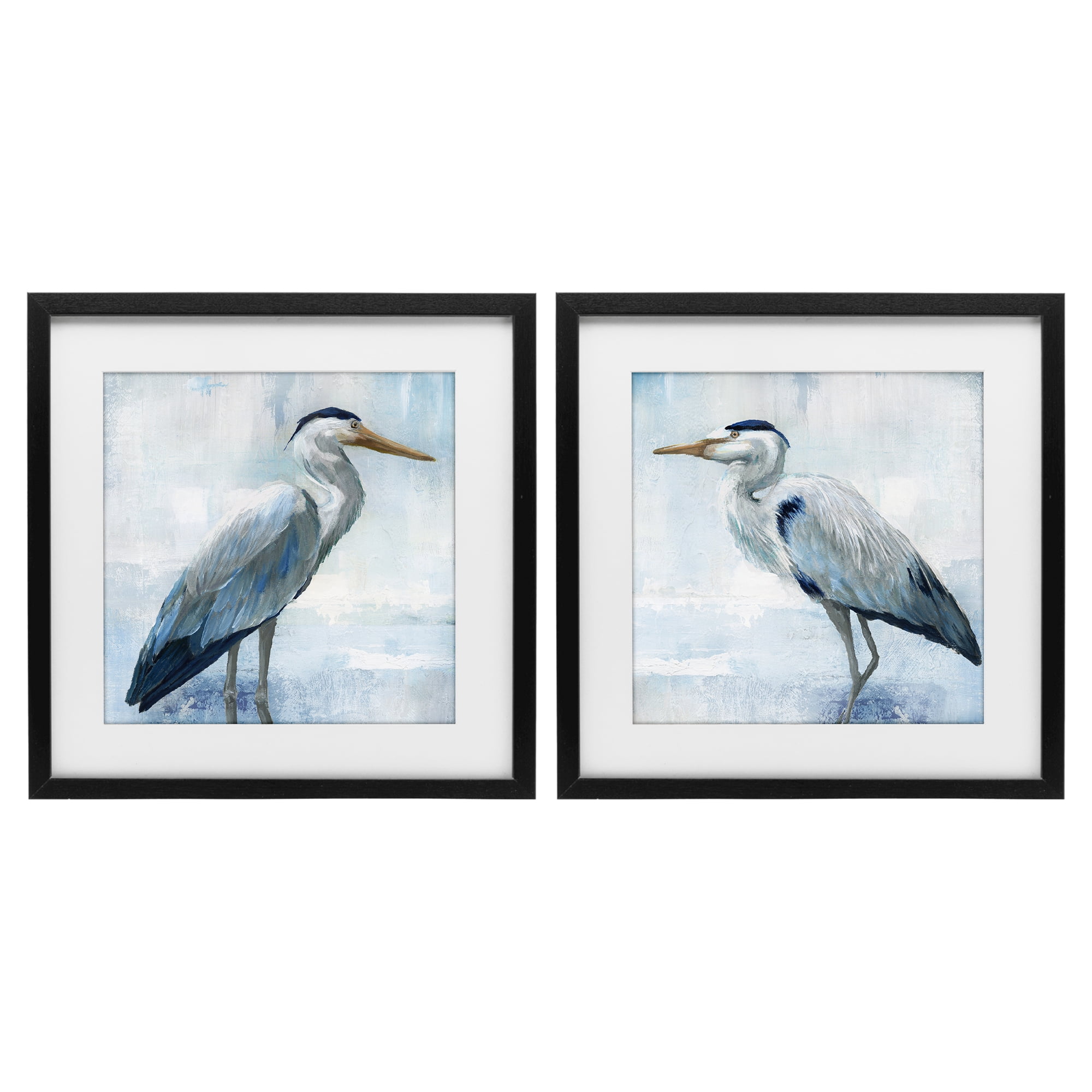 Stupell Industries Faded Blue Coastal Herons 2 Piece Black Framed Print Under Glass Set, design by Nan