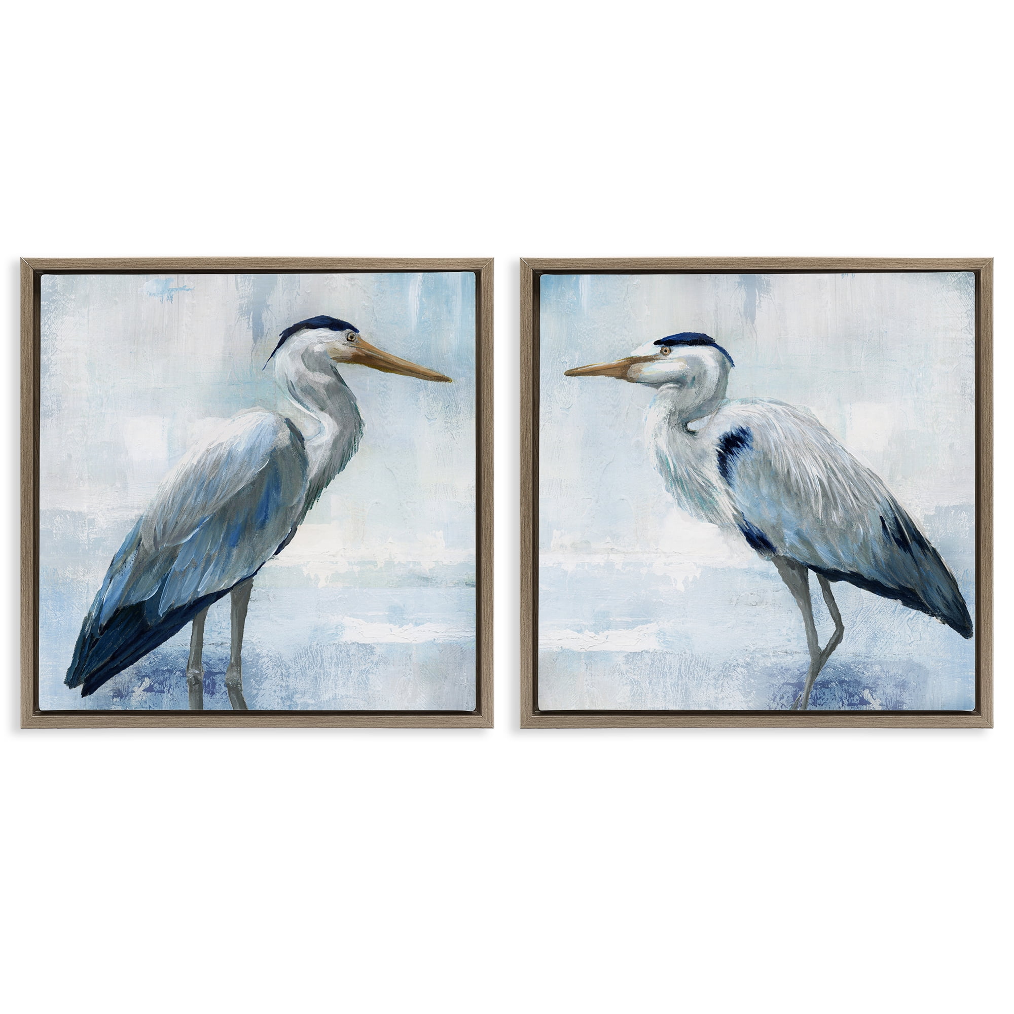 Stupell Industries Faded Blue Coastal Herons 2 Piece Brown Framed Floater Canvas Set, design by Nan