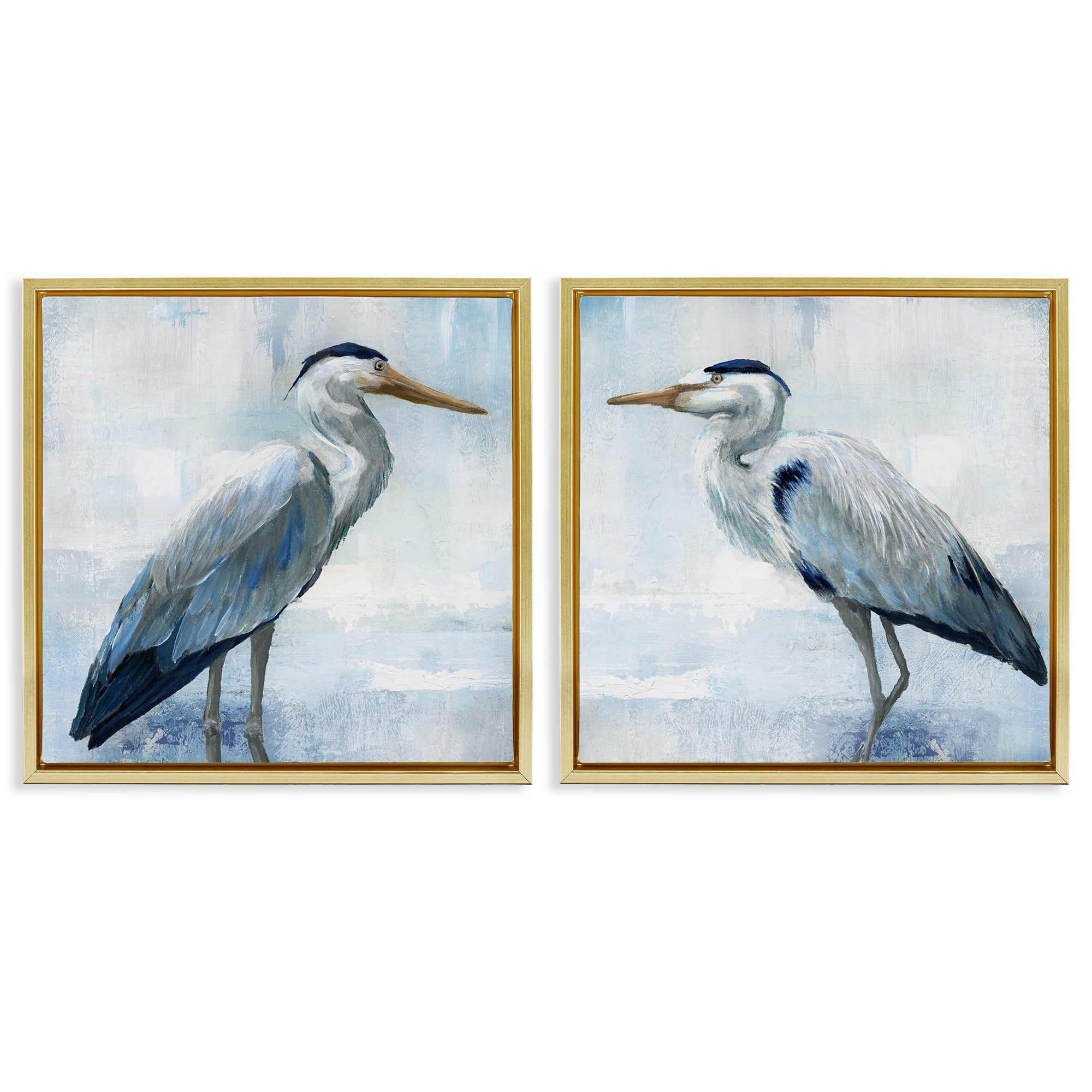 Stupell Industries Faded Blue Coastal Herons 2 Piece Gold Framed Floater Canvas Set, design by Nan