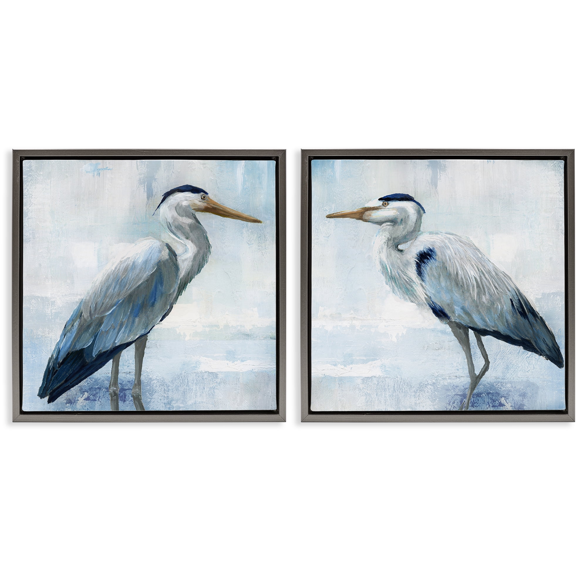 Stupell Industries Faded Blue Coastal Herons 2 Piece Gray Framed Floater Canvas Set, design by Nan