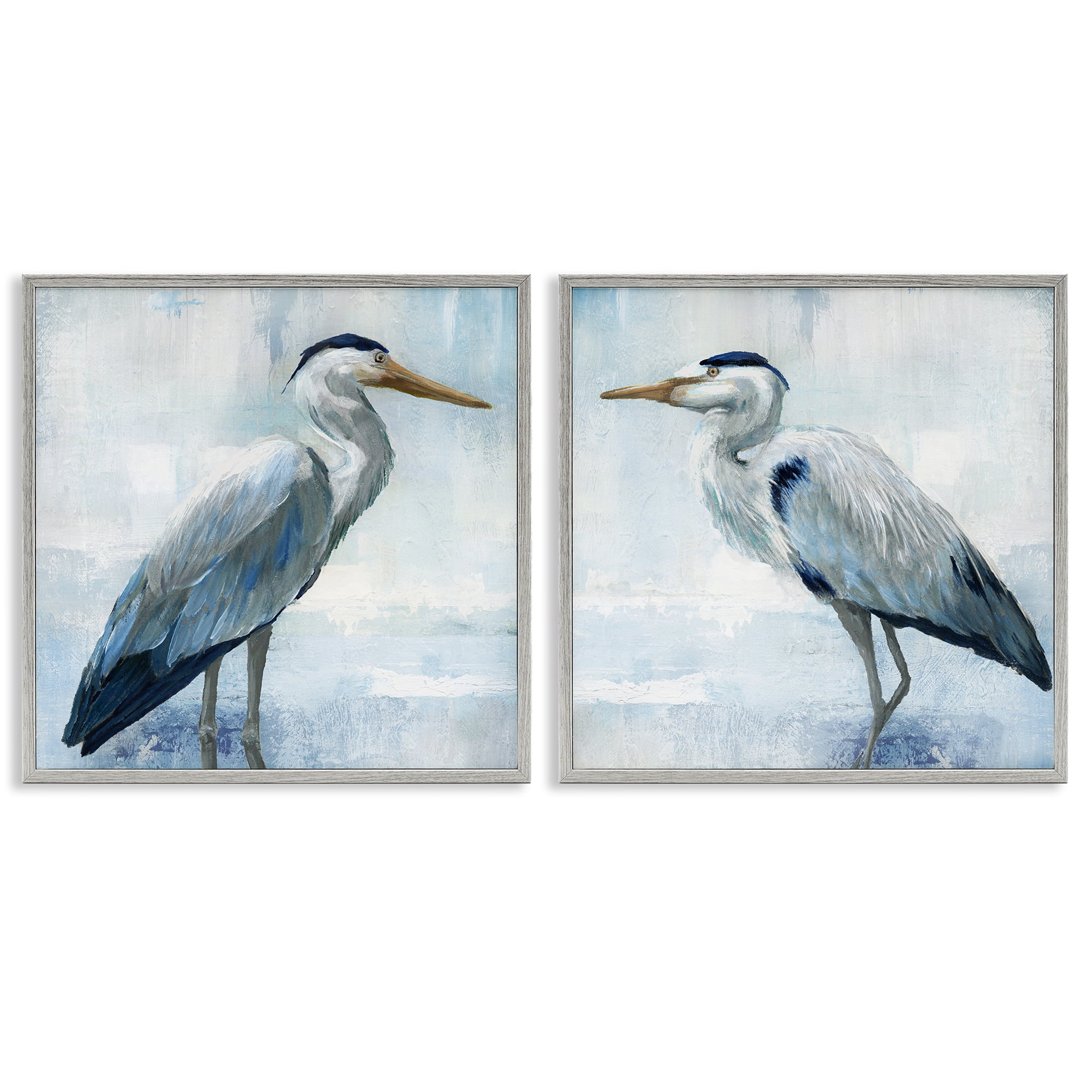 Stupell Industries Faded Blue Coastal Herons 2 Piece Gray Framed Giclee Art Set, design by Nan