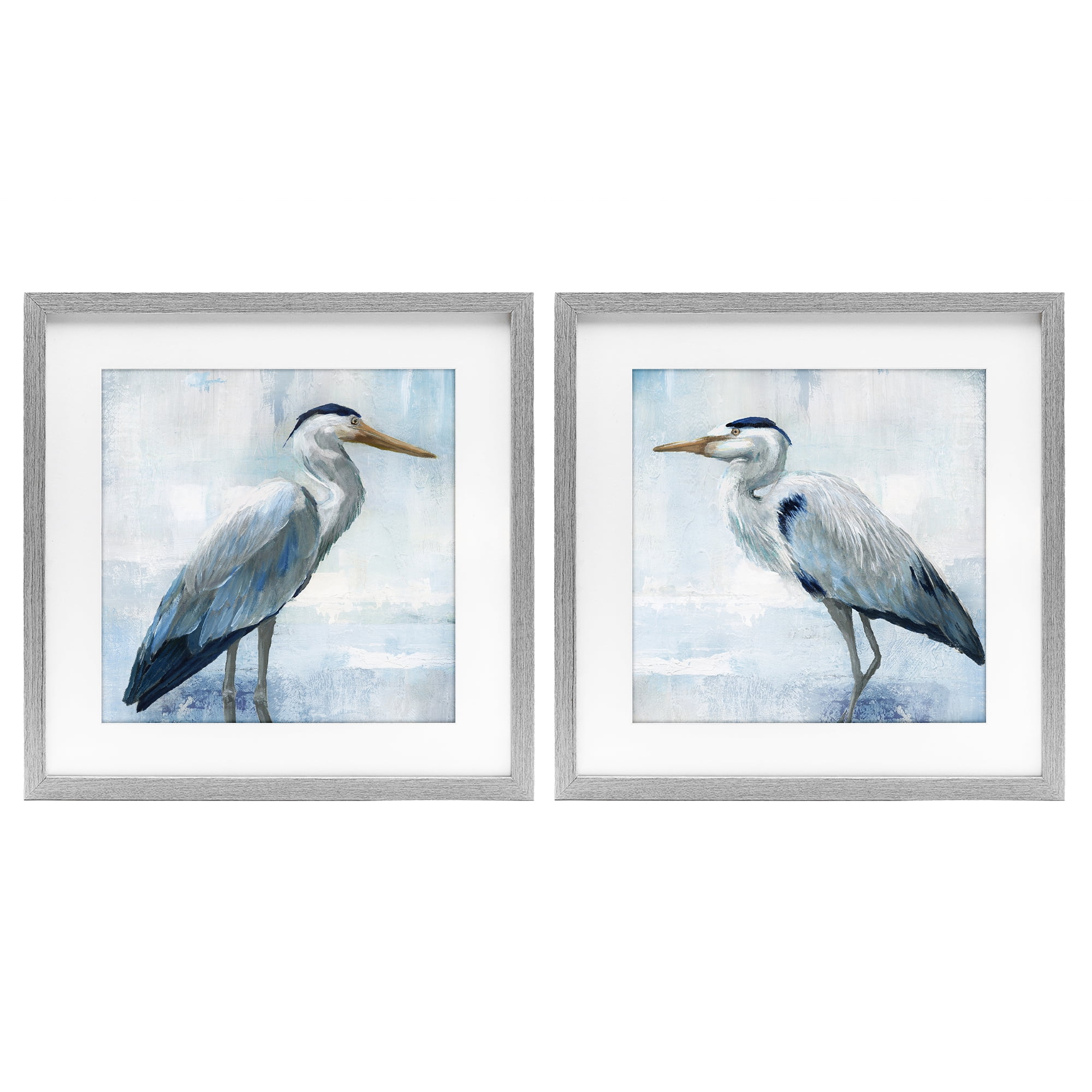 Stupell Industries Faded Blue Coastal Herons 2 Piece Gray Framed Print Under Glass Set, design by Nan